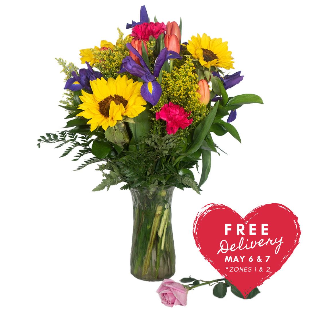 Mom's Springtime Favorites! (Great Value) (available May 6-13 only) - Brighten Mom's day with this cheery arrangement featuring very popular spring flowers........Sunflowers, tulips, iris and carnations!  This medium sized piece is perfect for an end table or larger desk.  Colors may vary based on availability.