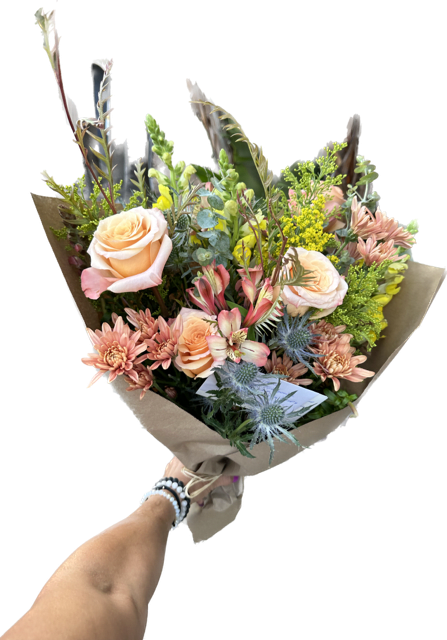 Shimmer  - This textured bouquet includes, thistle, shimmer roses, snapdragons, solidago and much more!