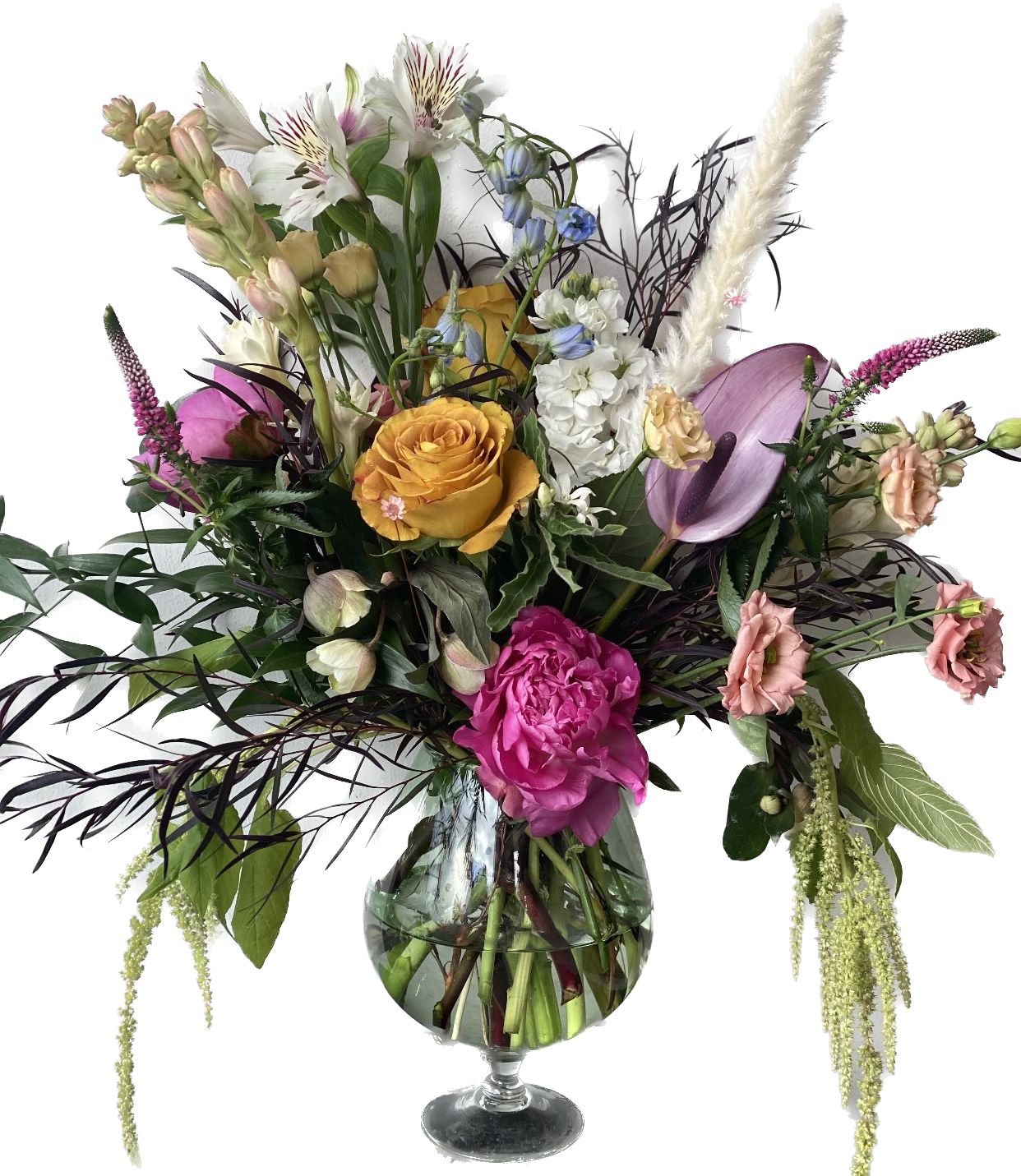 Valentina Valentina - Variety of beautiful blooms included are, but not limited to, Anthurium, garden roses, veronica, lisianthus gravelia, tuberose, peonies, stock, helebores, amaranthus Vase included