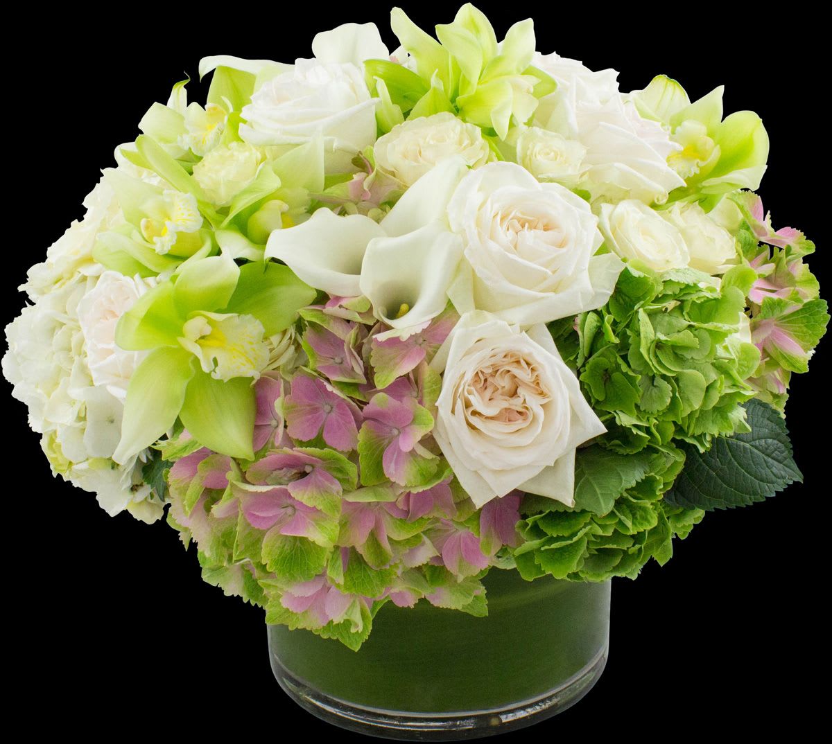 Blushing Beauty Bouquet - This bouquet is elegantly designed with a modern look and feel. With upscale blooms of garden roses, hydrangea, orchids and callas.
