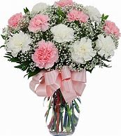 Carnations and baby breath - Perfect gift for Valentine's Day for Mom or even your daughter.  Long Lasting white and pink carnations arranged nicely in a vase with baby's breathe and greens