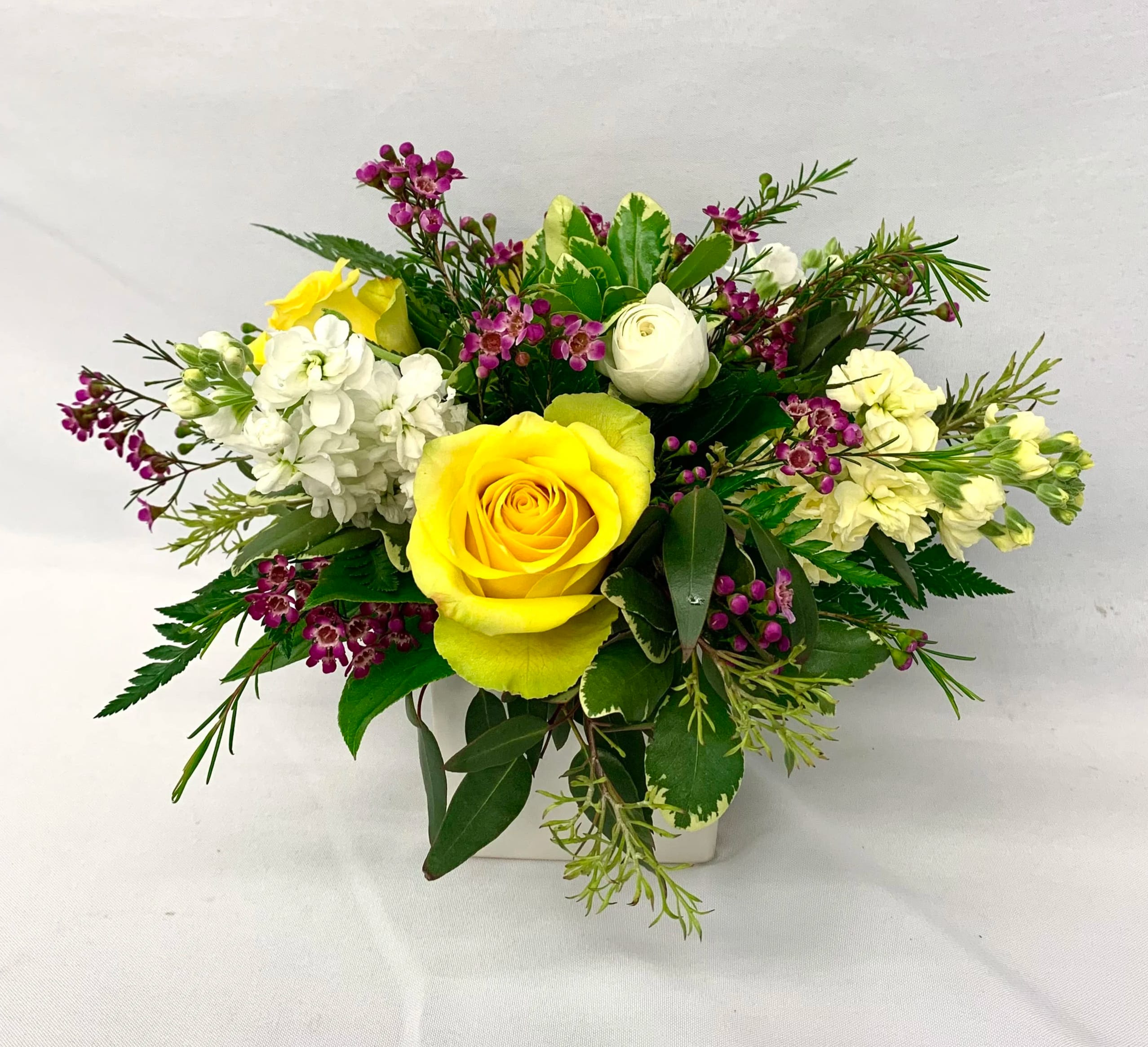 Kiss of the Seasons - Selecting from the freshest, in-season blooms, this design features seasonal favorites with bright and cheerful tones in a white ceramic container.