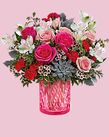Sweet Crystal Bouquet -  This beautiful Sweet Crystal pink rose bouquet presented in a sophisticated pink glass vase with delicate diamond pattern.