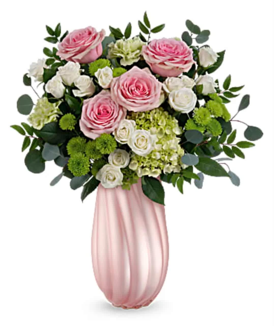 Sweetheart Twist Bouquet - Indulge Mom with the allure of soft pink roses and vibrant greens, beautifully nestled in our pearlescent glass vase for an unforgettable Mother's Day gesture