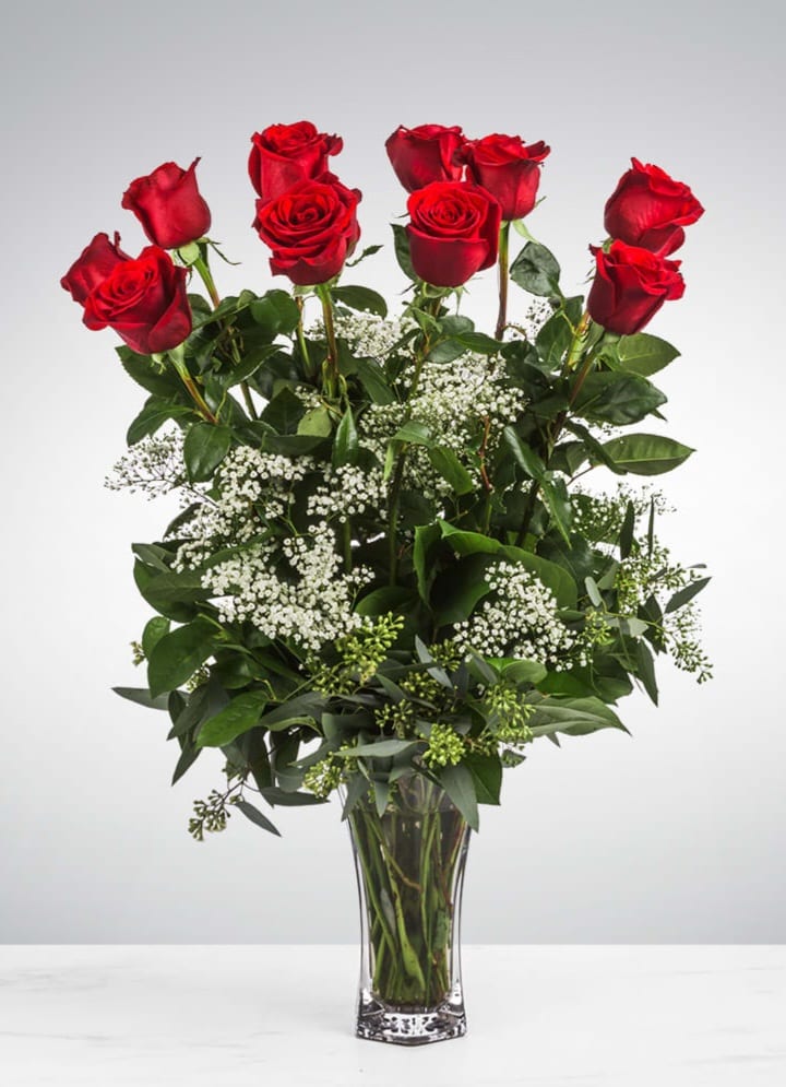 Dozen Long Stemmed Roses with Baby's Breath by BloomNation™ - These dozen red roses with baby's breath are classic! Perfect romantic gift for Valentine's Day or an Anniversary.   APPROXIMATE DIMENSIONS: 25&quot; H X 18&quot; W
