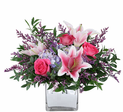 Spring Luster arrangement Spring Luster arrangement - Put a little spring in their step with this gorgeous arrangement by Canada Flowers. Stargazer lilies and blue hydrangea are the stars of the show complemented beautifully with pink accents.