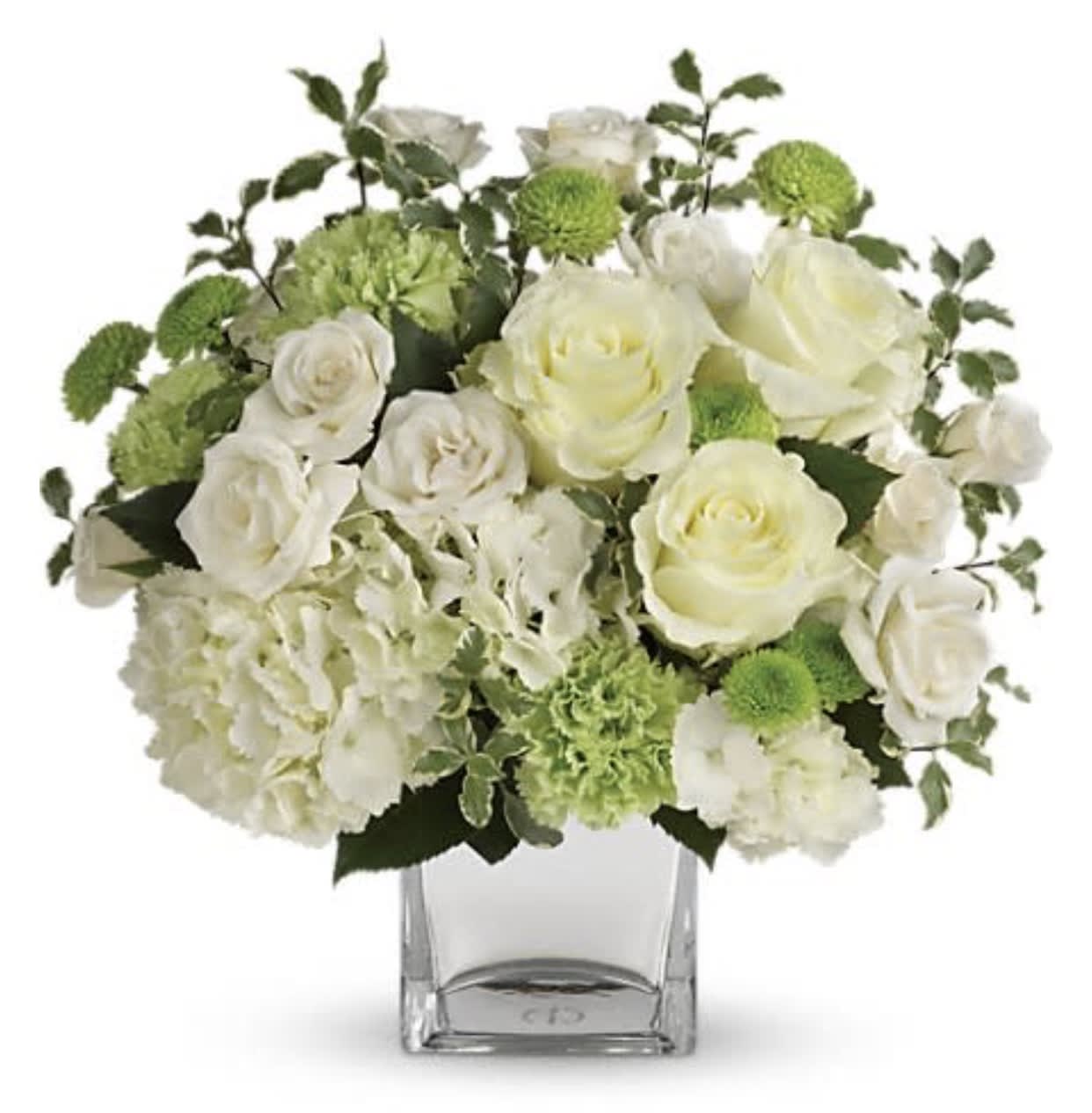 White and green arrangement White and green arrangement - White and green arrangement flowers include hydrangeas roses green buttons