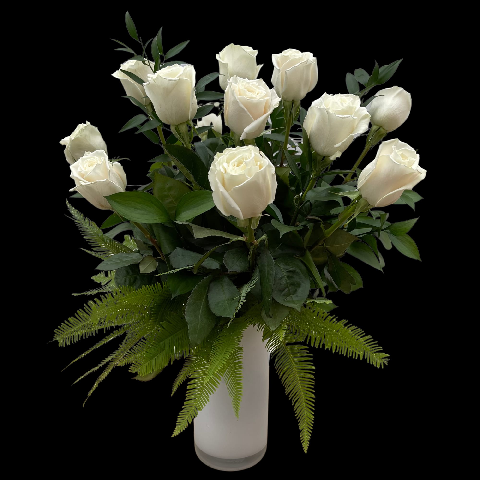 Modern White Roses - Long Stem Roses, arranged in a white vase accented with luxury foliage  (NO babies breath)  Standard: One Dozen Deluxe: Two Dozen  Premium: Three Dozen 