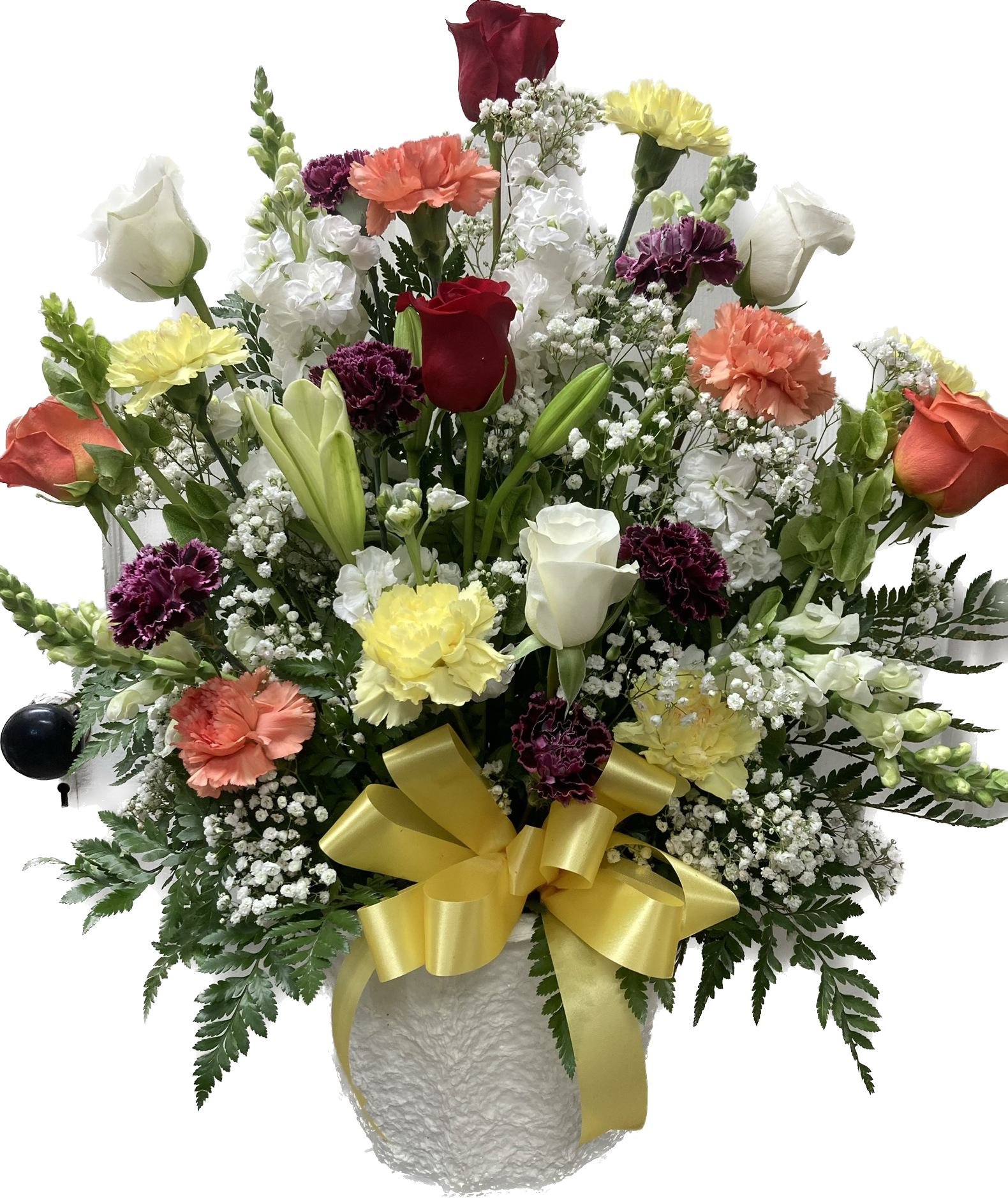 Precious Memories - Magnificent sympathy floral arrangement that stuns and is perfect when a smaller arrangement just will not show how much we love you. 30&quot; tall with a large number of flowers of various kinds. Contains roses lilies, carnations, and other seasonal flowers  