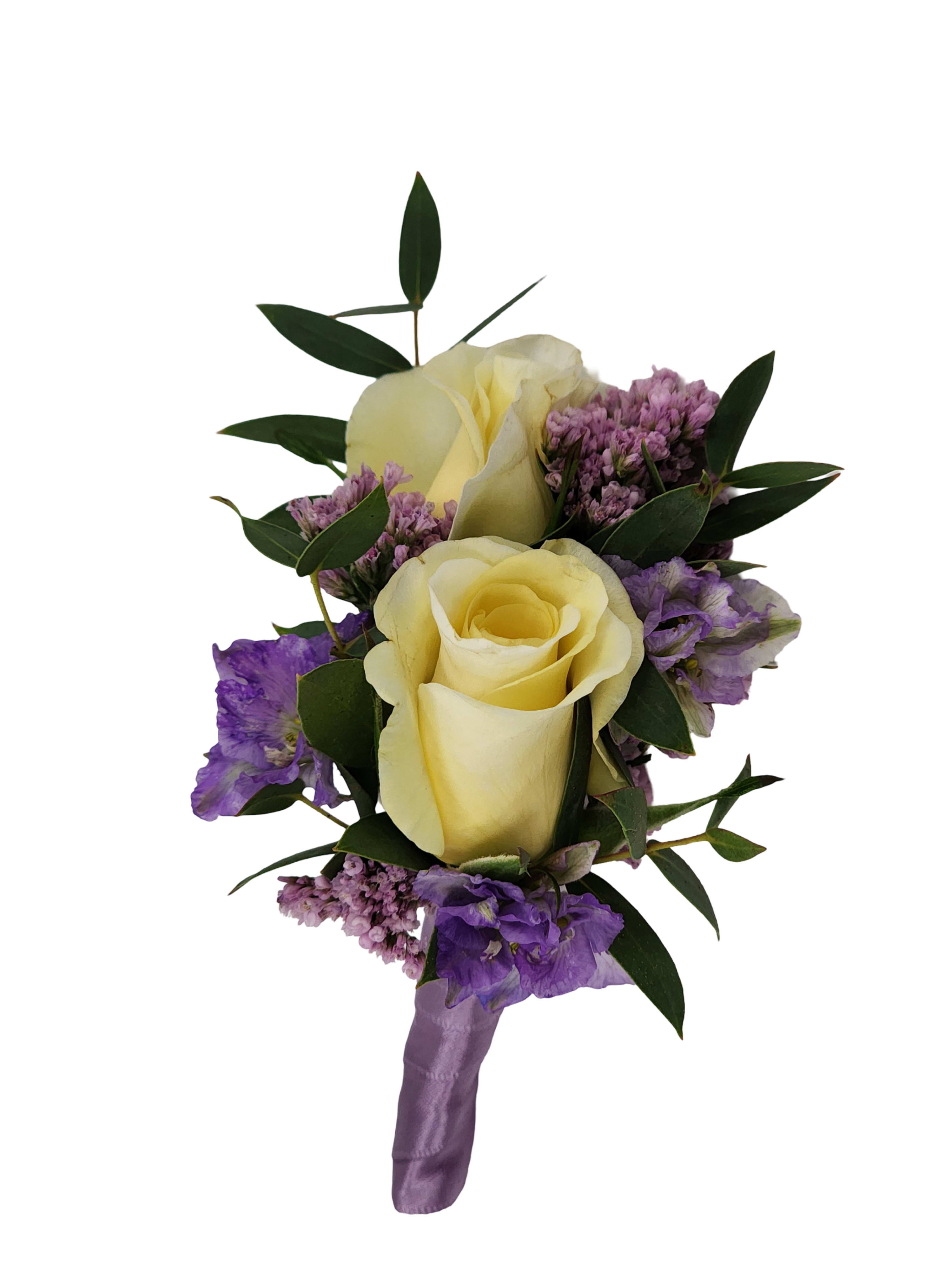 Gleam & Glow Boutonniere Gleam & Glow Boutonniere - Brighten up your dance with this lovely and soft boutonniere. Pastel yellow spray roses accented with purple larkspur for that Rapunzel look. Please place in special instructions time of pick up. Greenery may vary.