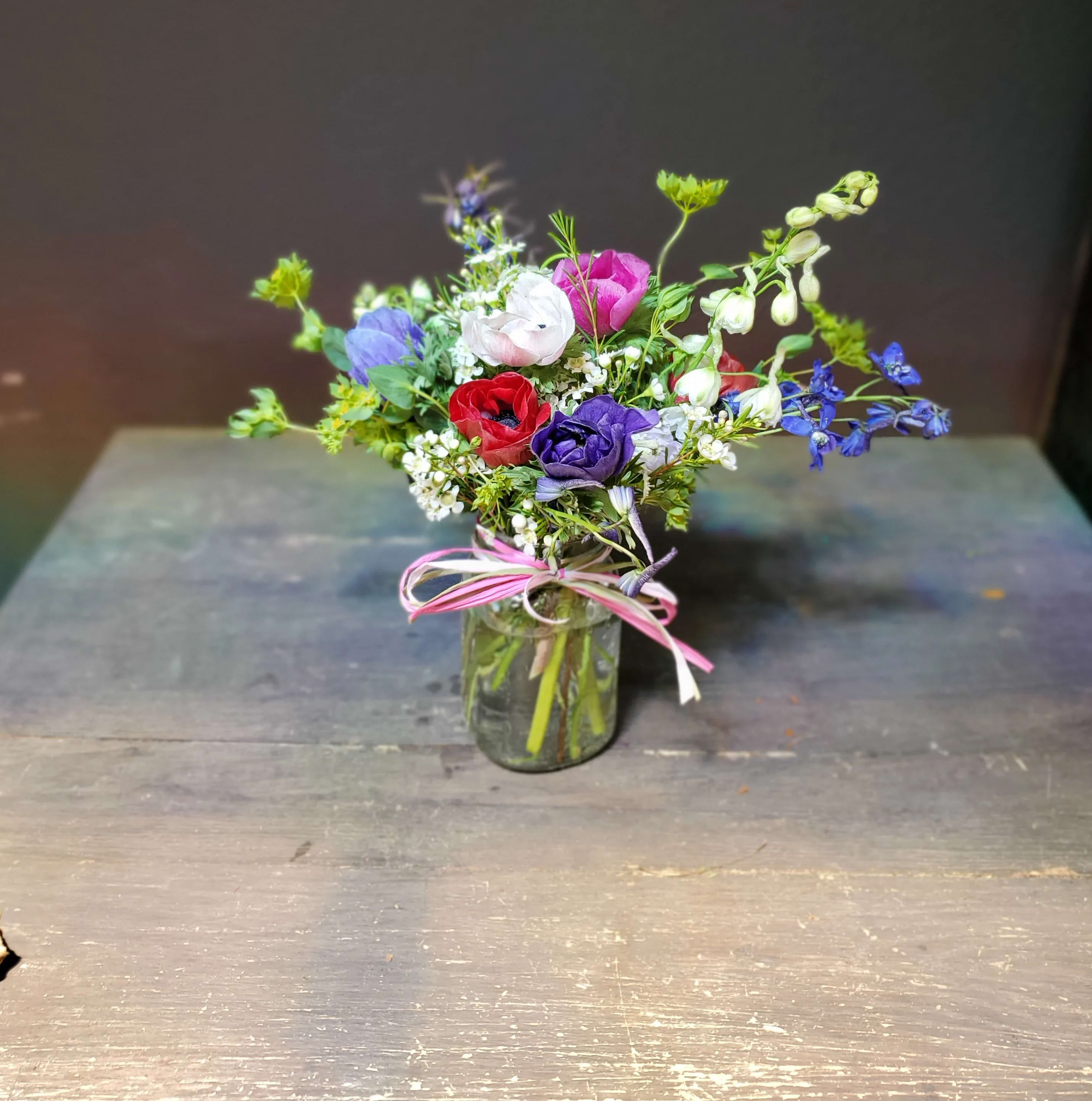 Friends, not &quot;Anemones&quot;  - Cute, pretty wild flowers and Anemone in a small mason jar container.  