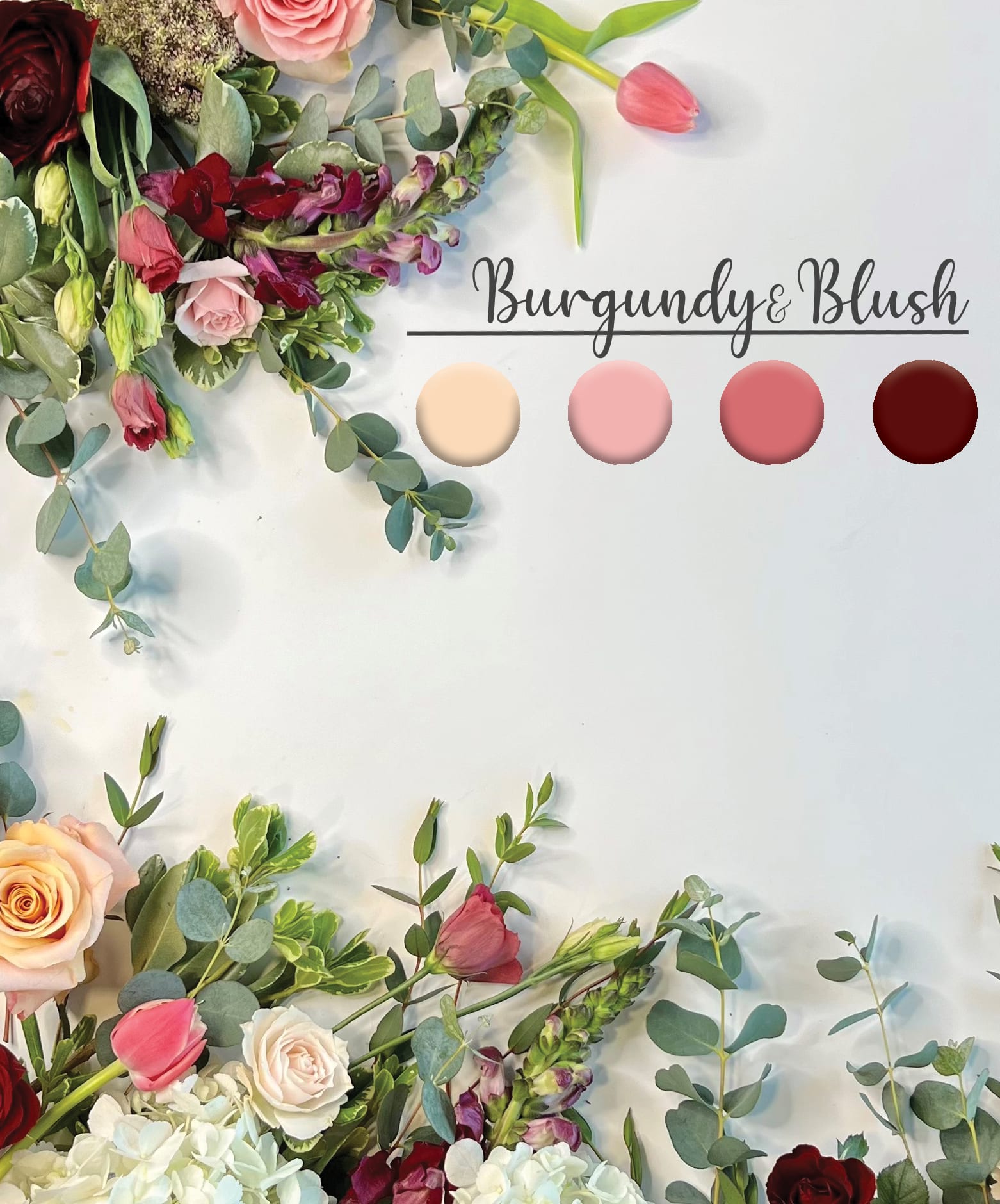 Burgundy and Blush - Our talented designers will use premium flowers in a burgundy &amp; blush color palette to create a gorgeous modern style arrangement!  To see examples of our work, click on the Gallery tab above, or find us on Instagram and Facebook (links can be found at the bottom of this page).
