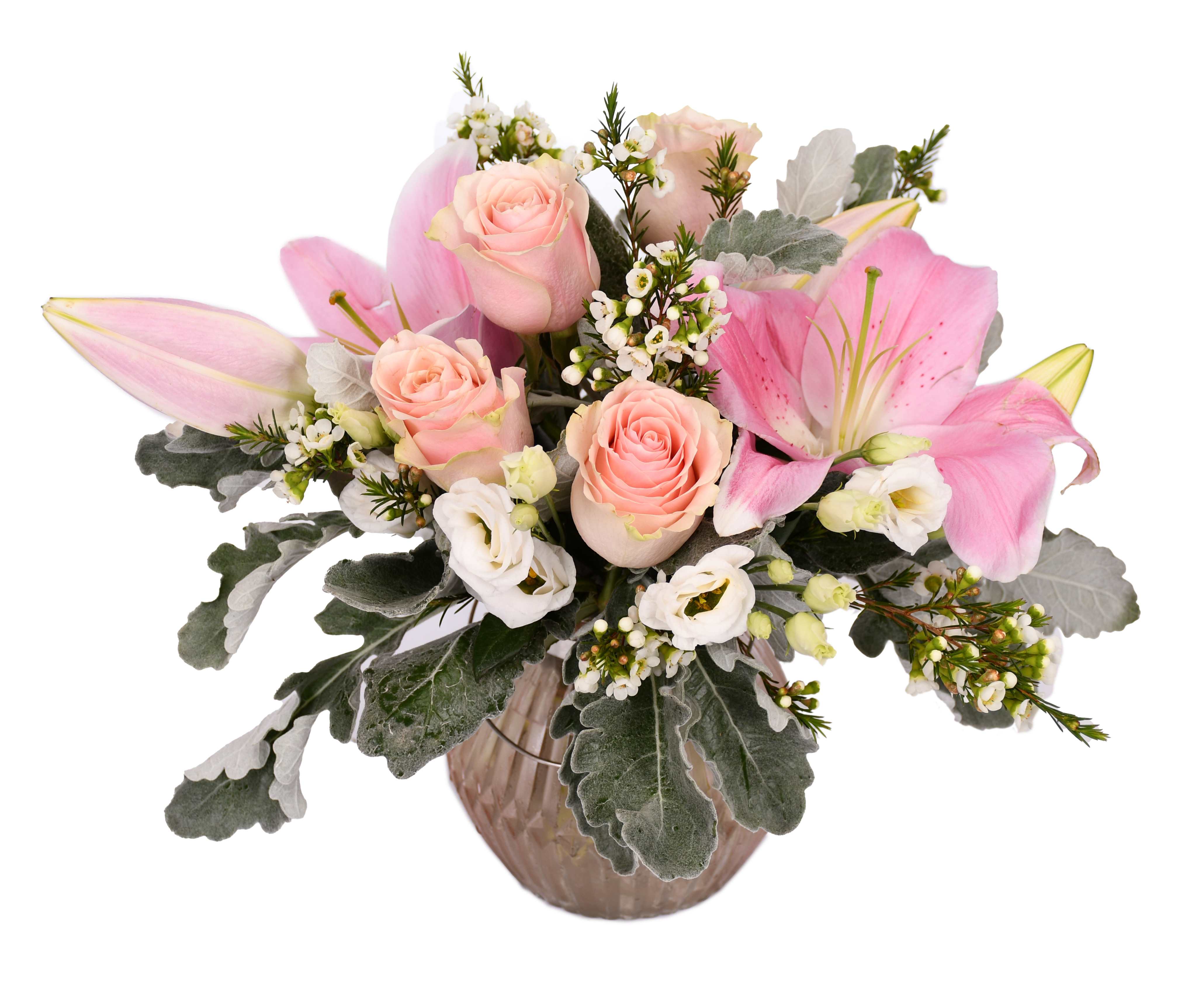 Summer Pink  - This is the perfect gift to wish someone a happy birthday or to say thank you. Arrangement Details: This arrangement includes: Pink roses, Lillies, Lisianthus, Wax Flowers dostic, Dusty miller  VASE APPROXIMATE DIMENSIONS: 4&quot; H X 6&quot; W