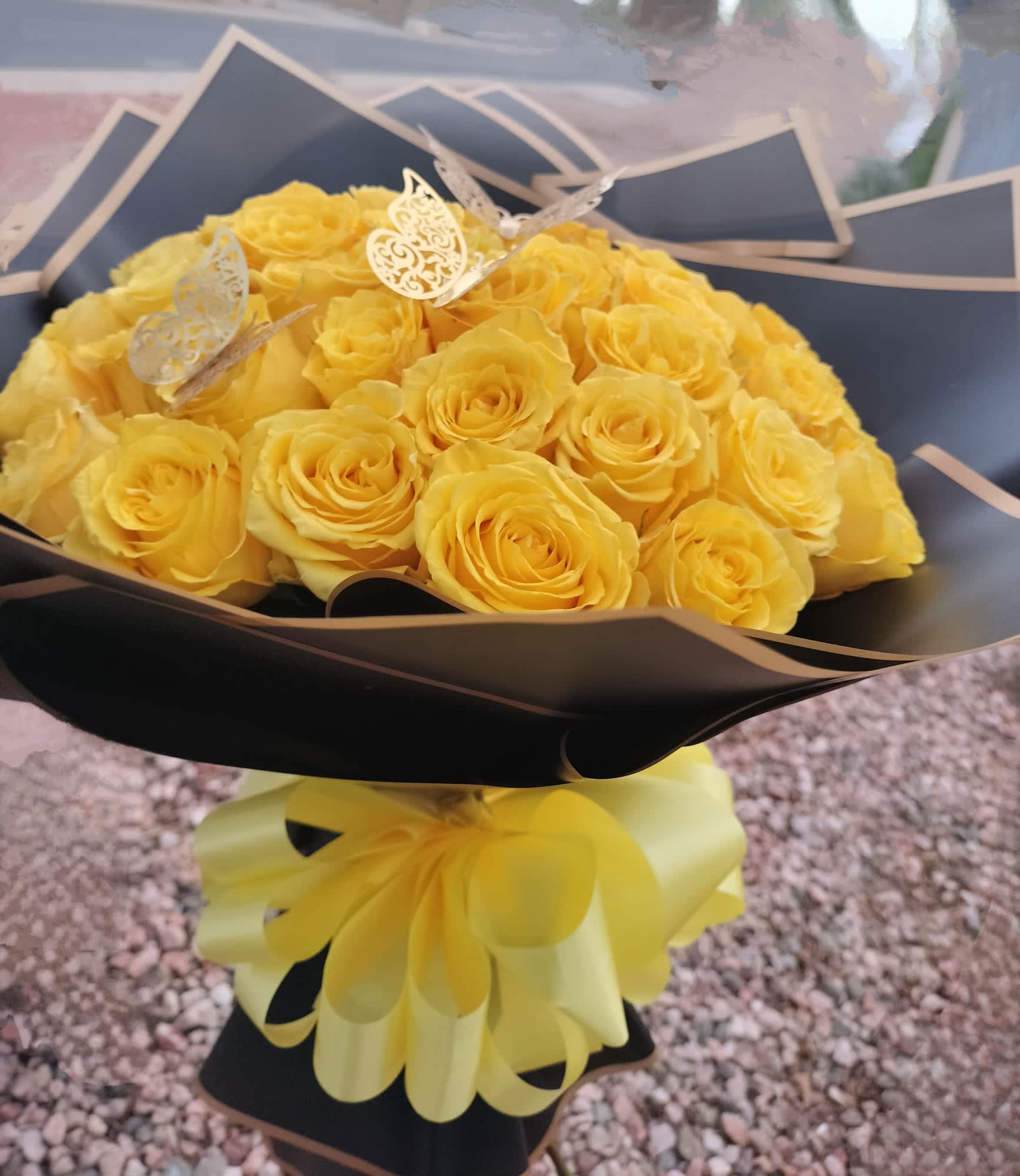 Beautiful Yellow Bouquet - 36 Yellow roses, wrapped in black paper