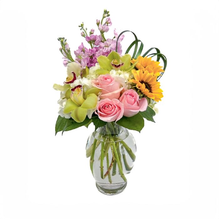 CC36 - Dazzling Orchids Pink Deluxe  - Dazzling Orchid (Deluxe) Arrangement is designed with Soft Pink Roses, Sunflowers, Pink Lavender Stock, Yellow-Green Cymbidium Blooms, White Hydrangeas and grass loops in a clear glass vase