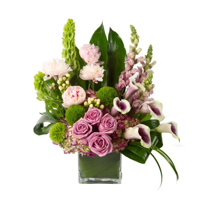 SFM10013 - Vivienne - Clusters of Lavenders, Plums, Bright Pinks and Soft Pinks in this Beautiful Front Sided Arrangement with Roses, Calla Lilies, Peonies, Green Trick and Bells of Ireland. It Comes in a Leaf Lined Glass Cube.