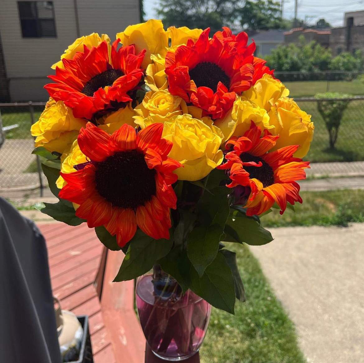 Roses and Sunflowers - Roses and sunflowers arranged in a vase. (color of sunflowers may vary depending on season)
