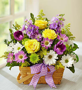 142120 Springtime Wishes - yellow roses, purple tulips, white, yellow, &amp; lavender daisy poms