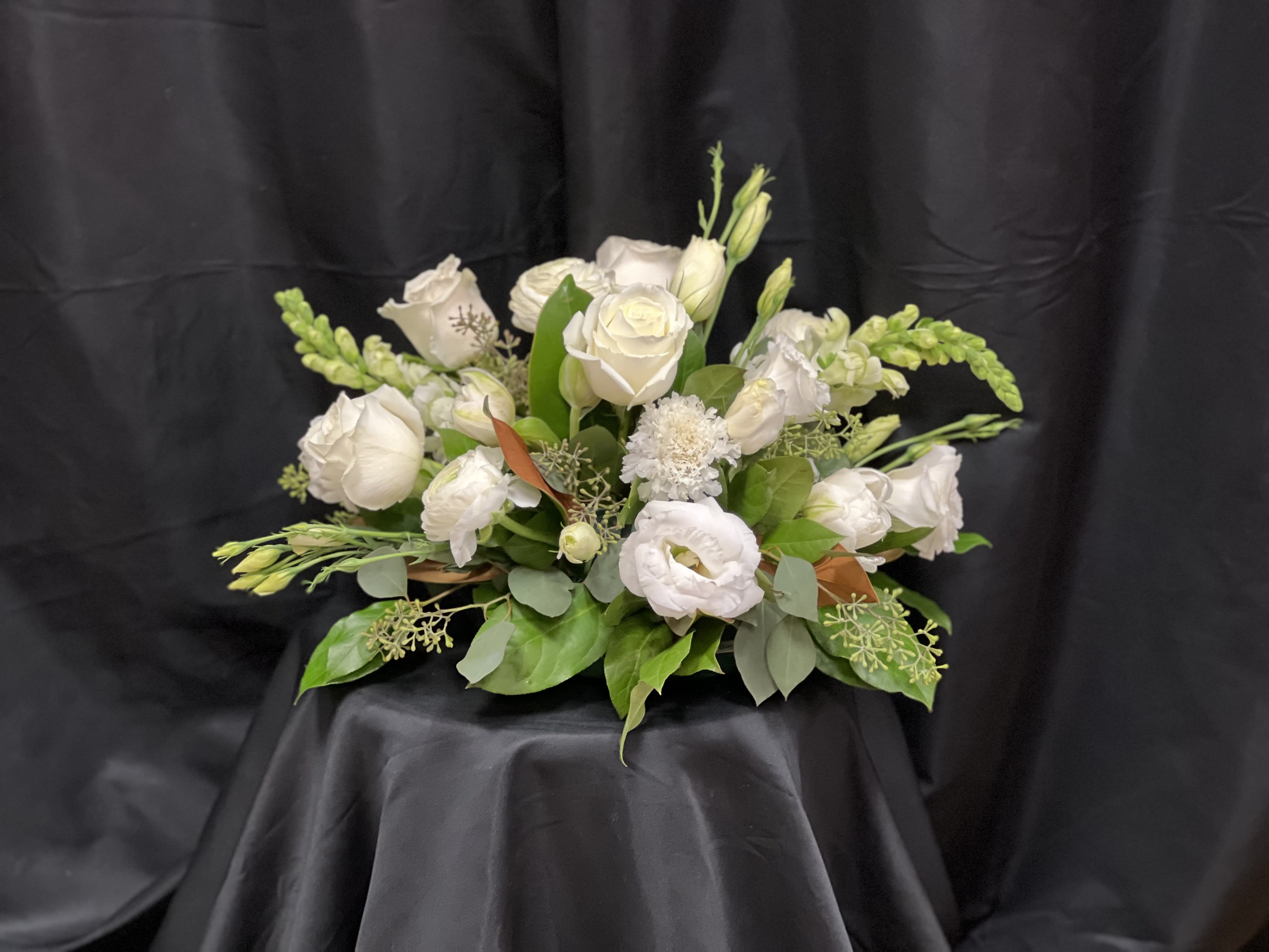 All white centerpiece  - Roses, Snopdragons, lisianthus, greens