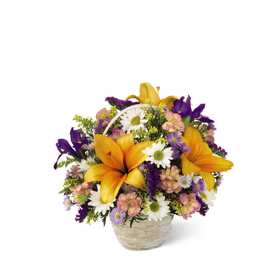Natural Wonders Bouquet or similar - This garden basket is a display of the bright colors of nature. Arrangement includes lilies, iris, daisies and more. FLOWERS AND COLORS WILL VARY.