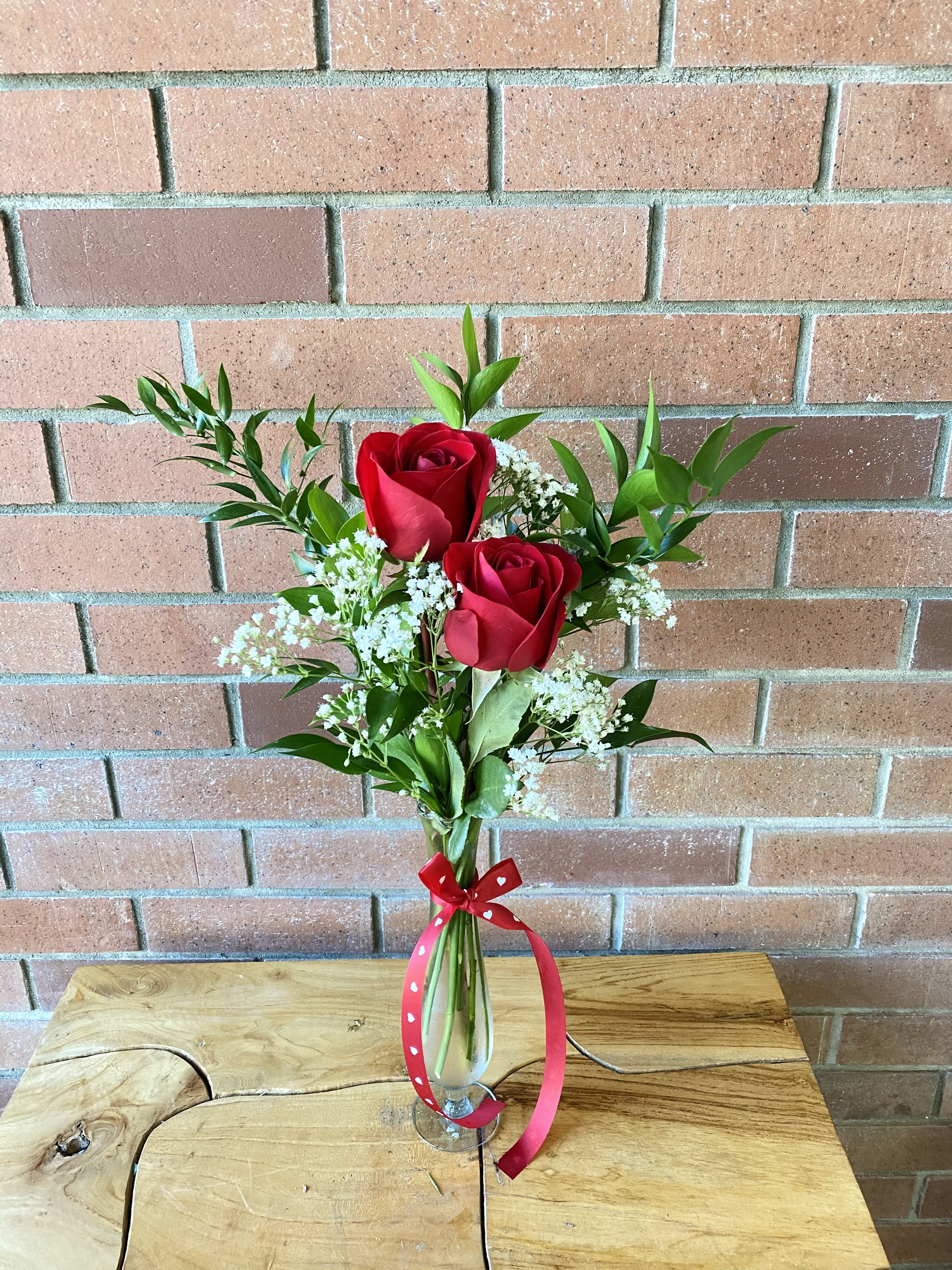 I Love You Bud Vase - A sweet and simply elegant bud vase with 2 beautiful red roses Deluxe- 3 Red roses 