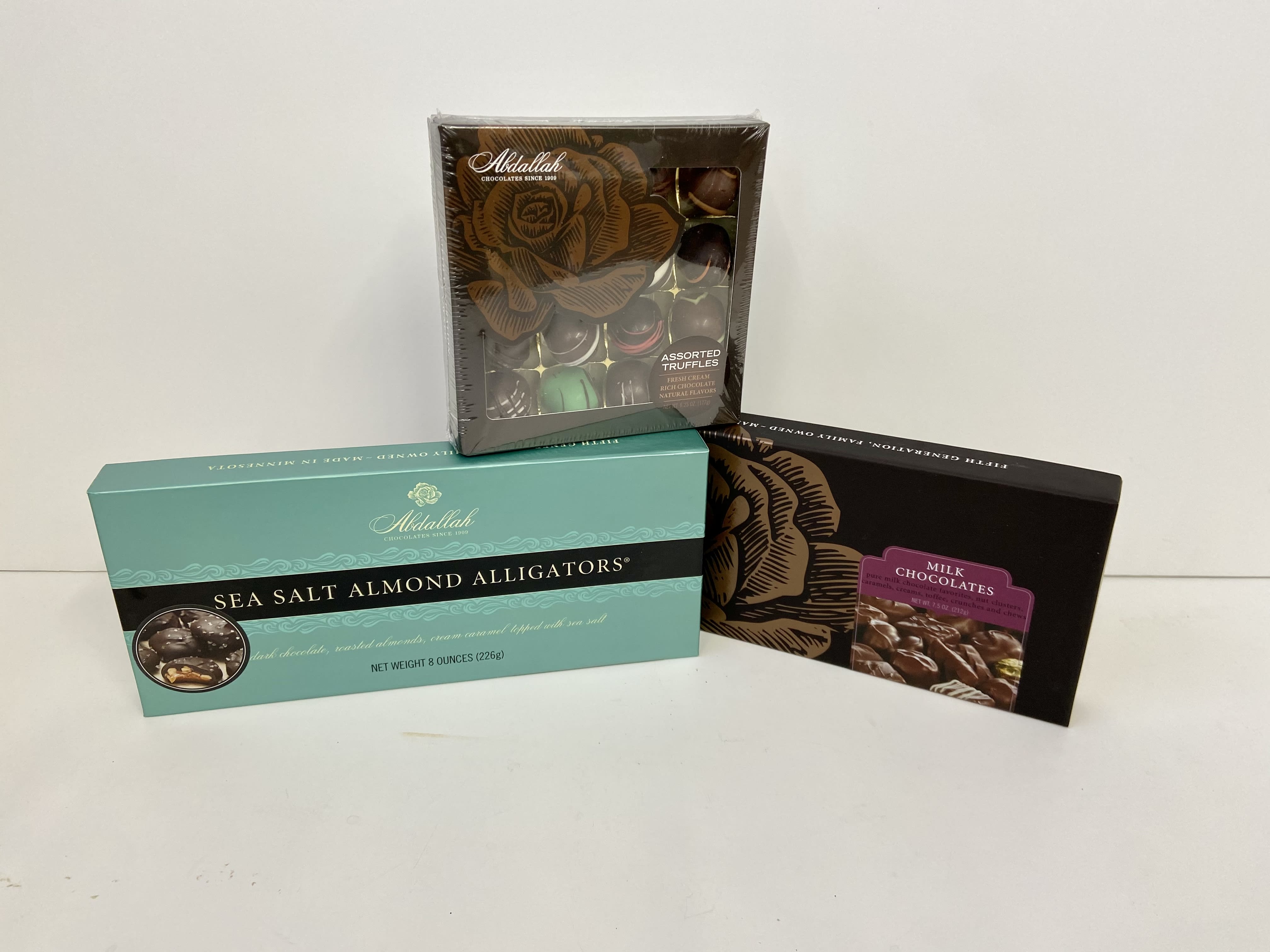 Abdallah chocolates -  triple chocolate banquet assortment-$19.99 and alligator caramels and assorted truffles 12.99  