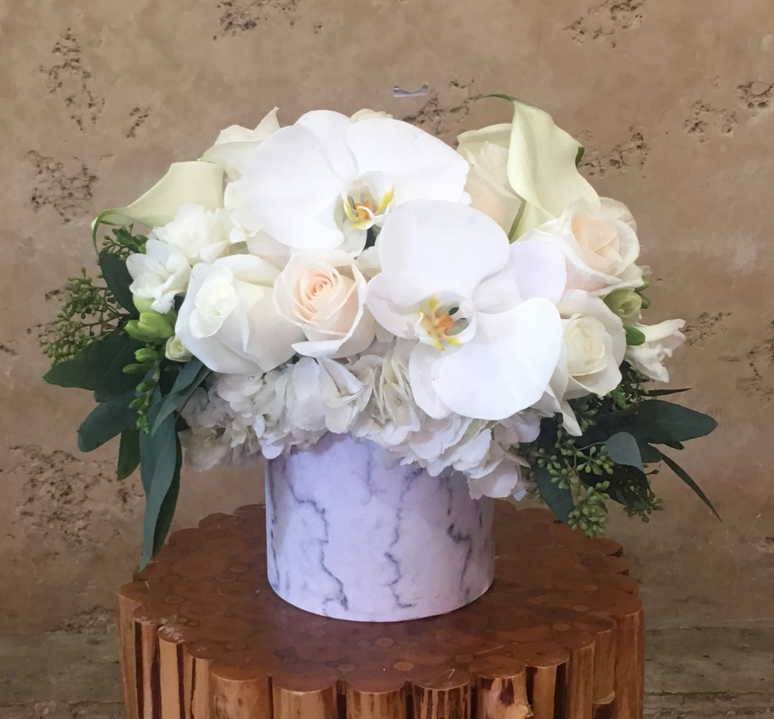 White Orchids and Roses - Green Boxed vase with white orchids, roses and peonies. 