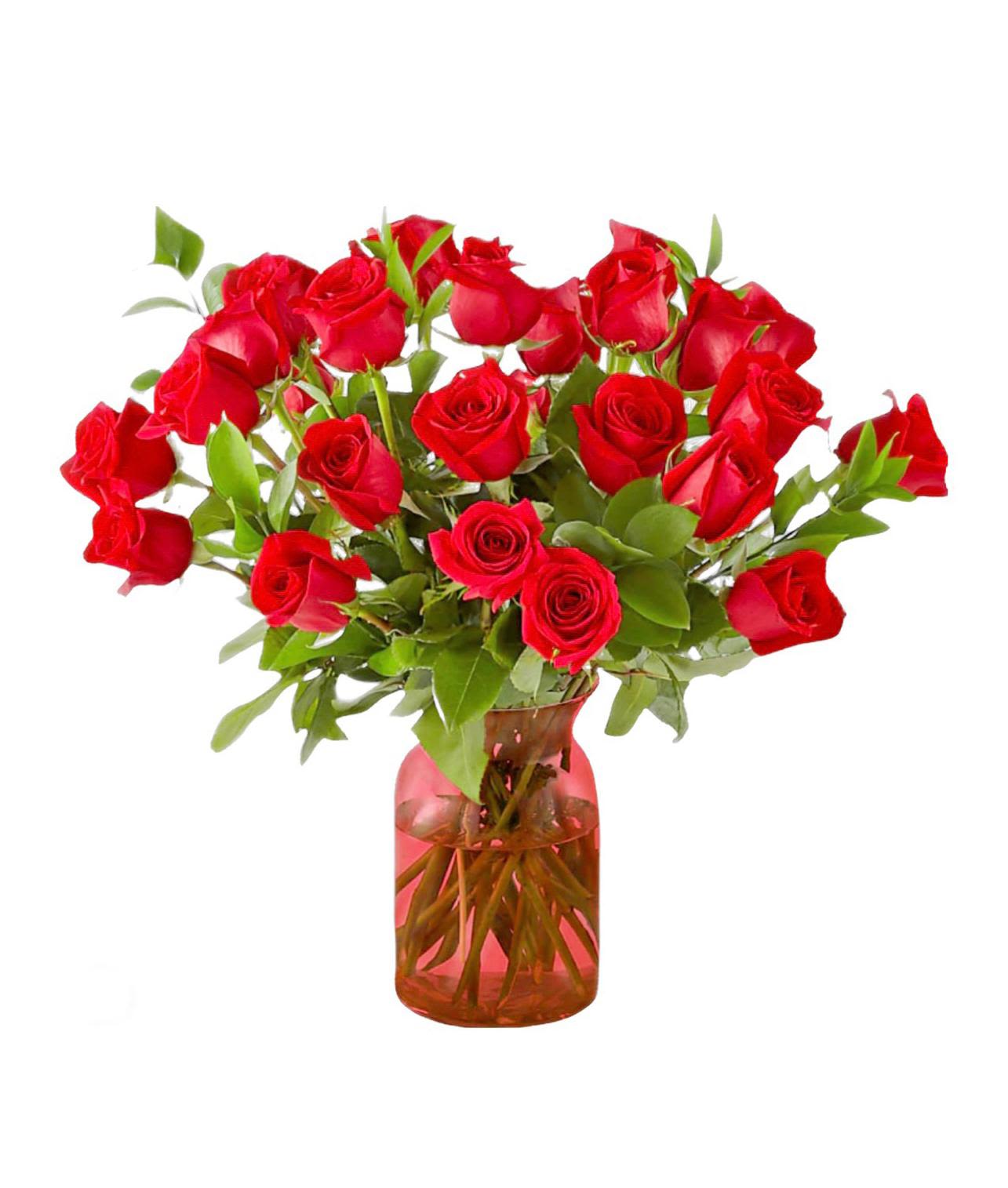 Full romance - 24 roses in a burgundy crystal vase 