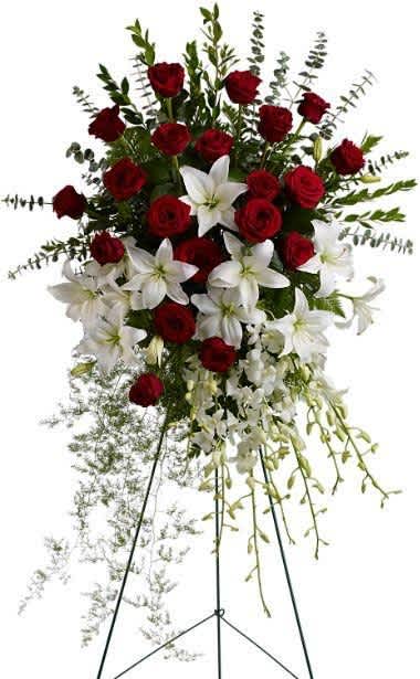 Lily &amp; Red roses Spray - Pure white lilies and dendrobium orchids mingle with red roses, white  lilies and more in this magnificent and impressive standing spray of the finest blooms. A fitting tribute for a funeral, wake or memorial service.