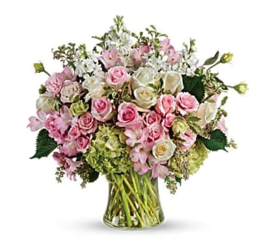Beautiful Love Bouquet - Simply beautiful, just like your love! Celebrate your feelings with this extraordinary bouquet of pink and white roses, accented with delicate greens and arranged in a graceful glass vase. This breathtaking bouquet features green hydrangea, pink roses, white roses, pink spray roses, light pink alstroemeria, pink lisianthus, white stock, pitta negra, and seeded eucalyptus. Delivered in a large gathering vase.