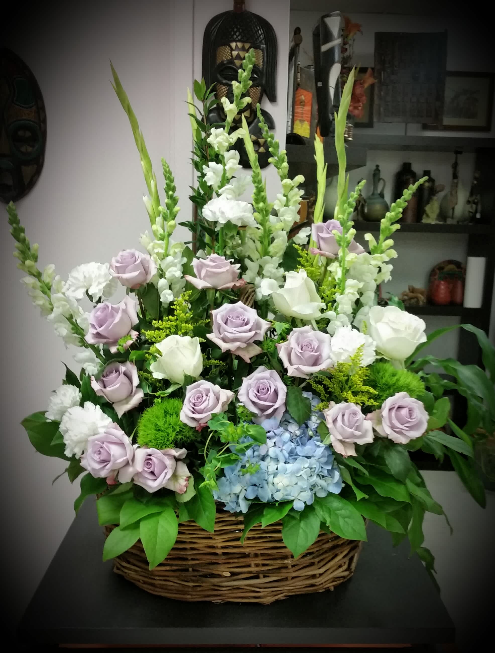Lavender Sympathy Basket Lavender Sympathy Basket - Soothing lavender, respectful Lavender & White flowers are combined beautifully in this basket overflowing with pretty flowers, sincerity and sympathy. A lovely way to share your thoughts and pay tribute to someone special.