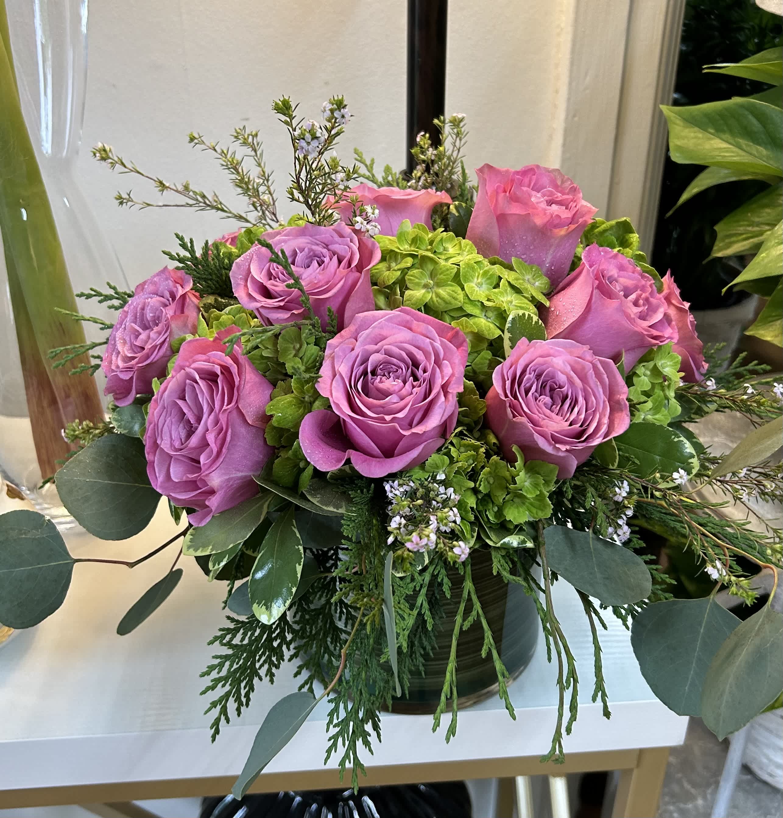 The lavender love bouquet - Lavender roses and green hydrangeas