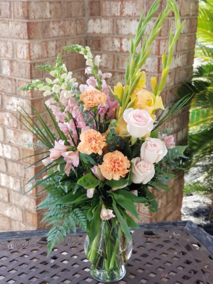 Days of Sunshine Bouquet - Pink roses, pink alstroemeria, snapdragons, orange carnations, and yellow gladioli - a lovely tribute that sends a message of hope and healing. *Deluxe is featured in the photo* 