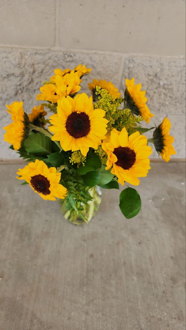 Sunflowers Passion   - 10 Stems of medium Sunflowers , 3 stems of  yellow Solidaster with salad tip in a clear vase 