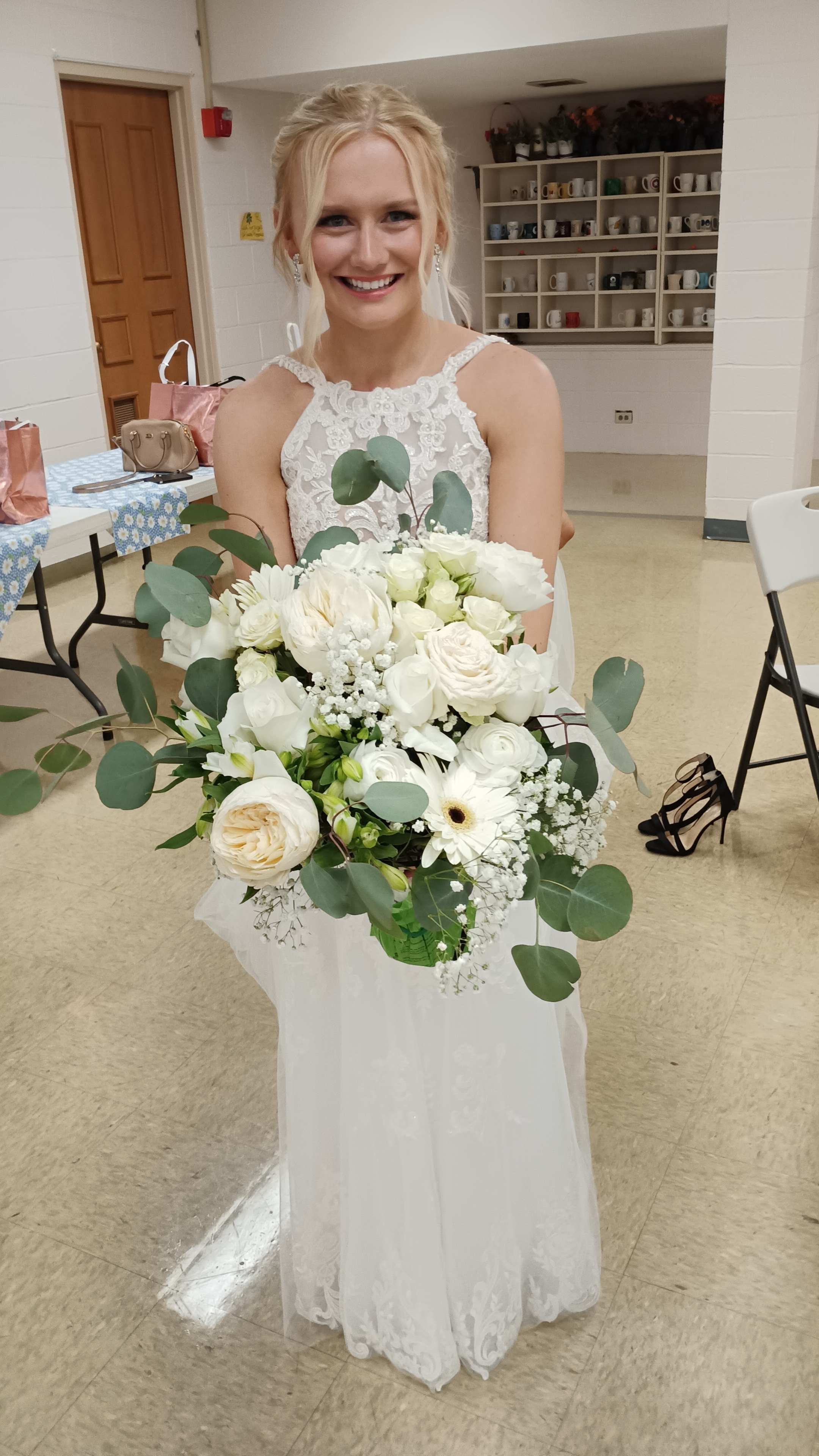 Emilee D. bridal bouquet - Vintage white beauty with &quot;White cloud&quot; garden rose, white &quot;Tibet&quot; rose, spray white rose, white alstroemeria, ranunculus and baby blue eucalyptus