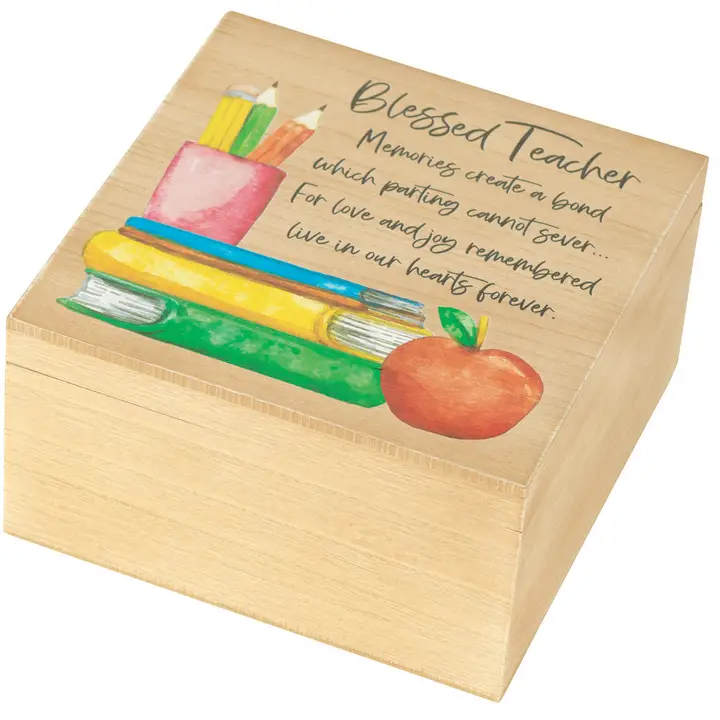 Teacher's Box - Blessed - To enlarge your gift, you can add more little things from our catalog. Just add it ti your purchase and we may work the presentation. Hinged Lid Opens To Show A Holder Underneath For A Special 6x4 Horizontal Photo. Outside Of Box Has A Rustic Wood Appearance And Matte Feel.  Inner Compartment Is 8 7/8 x 8 7/8 x 4, Allowing Box To Hold A Variety Of Small Items. Overall Outer Box Size With Lid Closed Is 9 3/8 x 9 3/8 x 5. Box Is MDF Wood. Text: Blessed Teacher - Memories Create A Bond Which Parting Cannot Sever... For Love And Joy Remembered Live In Our Hearts Forever.