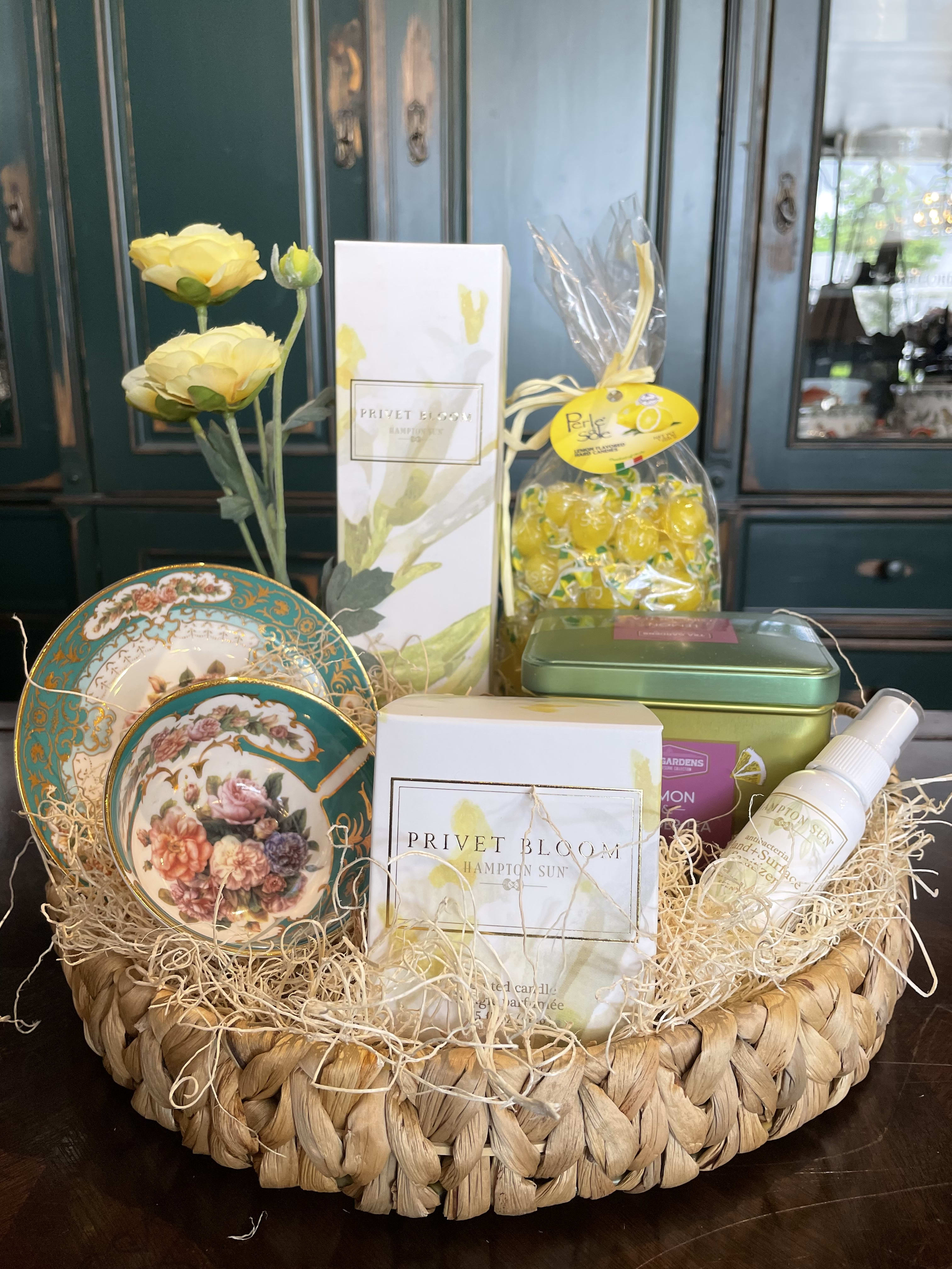  Hampton Sun - Privet Bloom - Mother's Day Basket - Looking for the perfect gift?  Transport yourself to a summer day. This soothing scent of the Hamptons will bring you there, no matter the time, day or place.  Within this beautiful basket is 6.8 fl oz Privet Bloom Diffuser, Privet Bloom Scented Candle, Hampton Sun antibacterial Hand + Surface Sanitizer, Old world elegant ceramic teacup &amp; saucer, Perle di Sole-limon flavored hard candies. The sea grass basket is decorated with small silk high-end flower bouquet. The gift basket is complimented with a greeting card. (Gift items &amp; color may vary)  