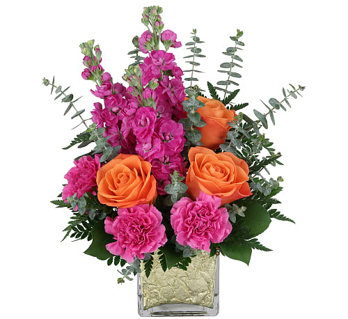 All That Glitters - All that glitters is gold! This stunning arrangement of hot pink and orange is presented beautifully in this gold foiled lined vase for a tasteful pop of bling! These bright summer colours are sure to brighten up any home or office! 