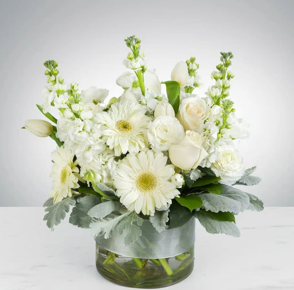 Purity by BloomNation™ Purity by BloomNation™ - This classic arrangement contains all-white gerbera daisies, roses, stock, and other seasonal blooms in a glass cylinder. It can be customized in your favorite color.
