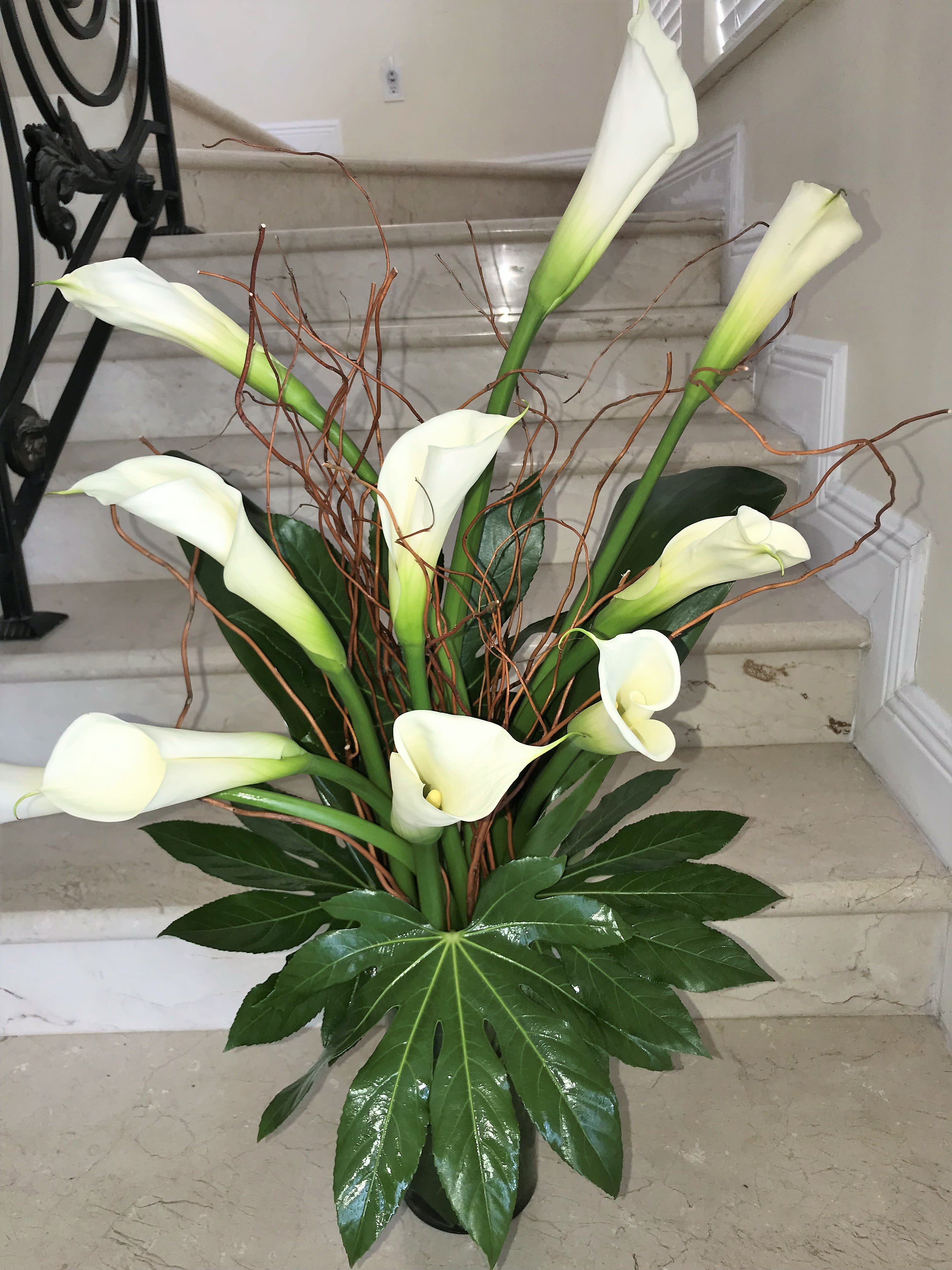 Elegance at its Best with Callas - STANDARD has 10 White Callas, arranged in a vase. DELUXE has 15 Callas arranged in a vase. PREMIUM has 20 Callas and it comes in a bigger vase and more greens.  