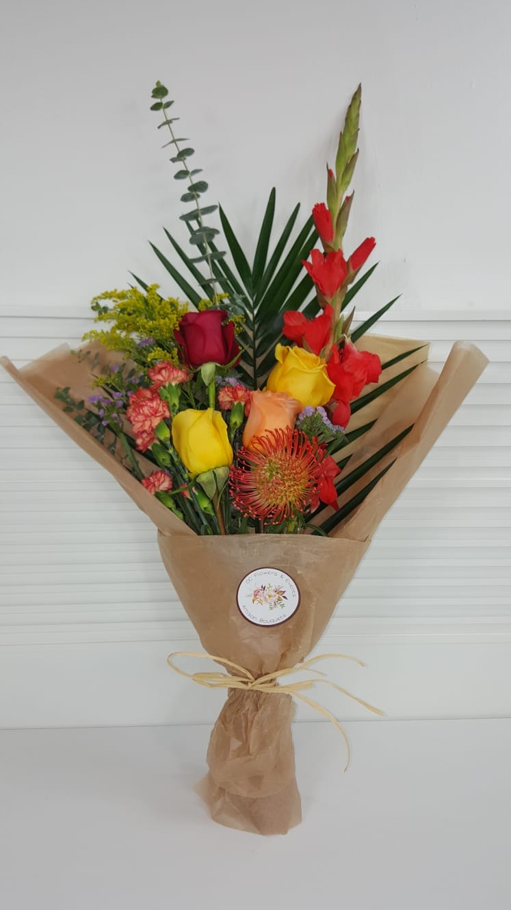 Warm Wishes Warm Wishes - Modern wrapped hand bouquet filled with colorful flowers for all occasions