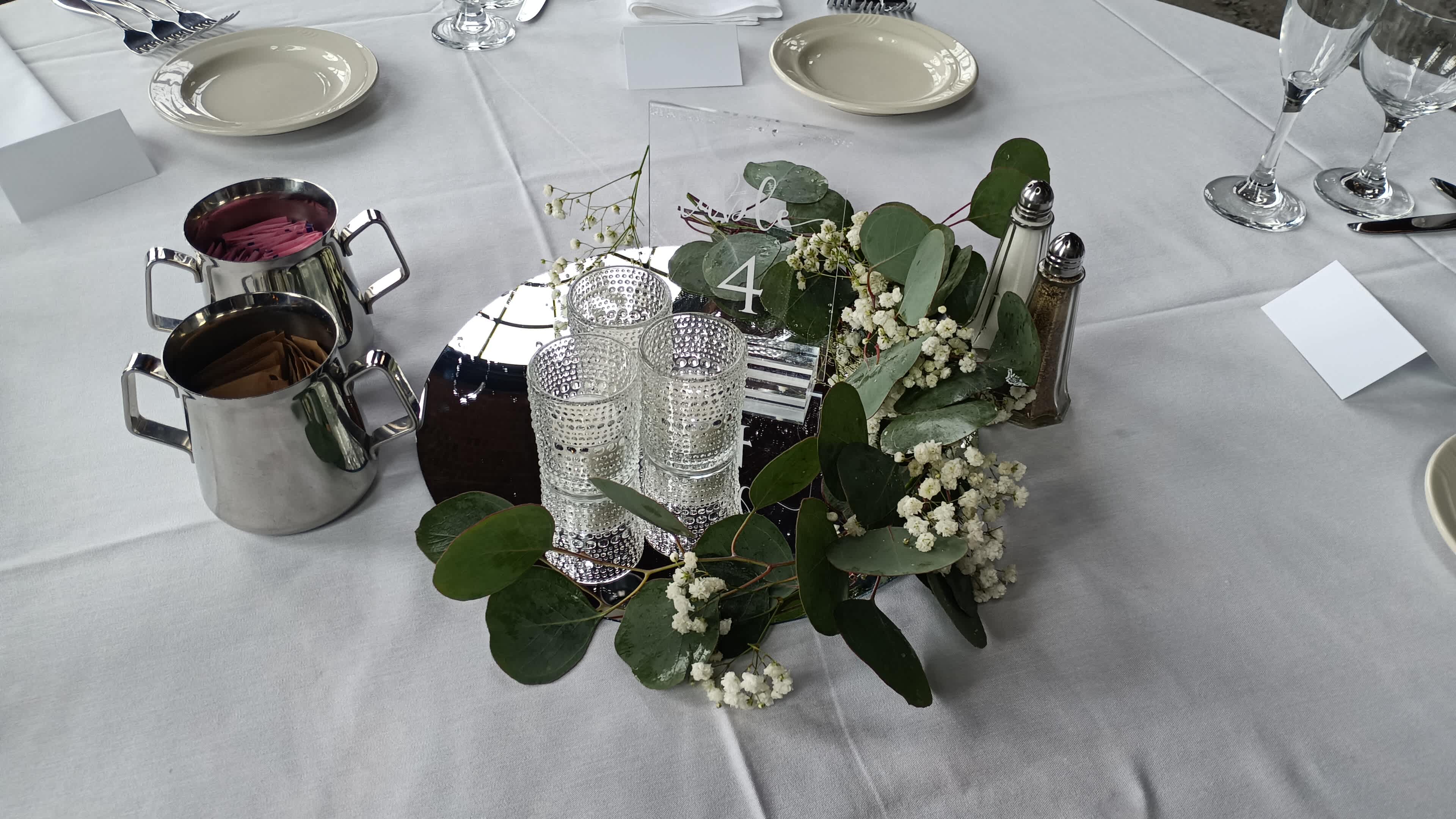 Greens &amp; baby's breath &quot;half circle, &quot;whole circle' or &quot;extra circle&quot; - Beautiful fresh &quot;Silver Dollar&quot; eucalyptus &amp; baby's breath writhe around candleholders centerpiece 
