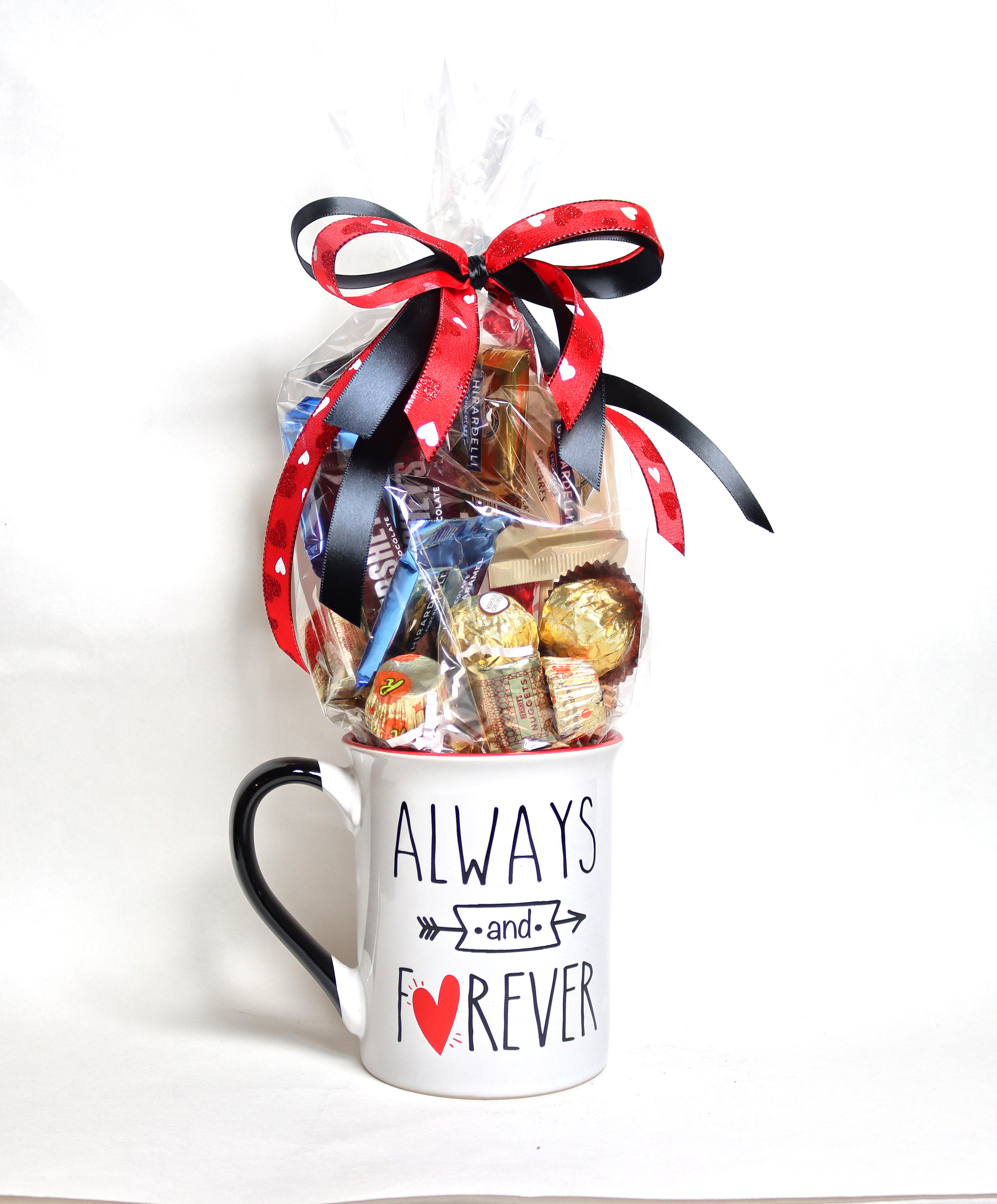 Always and Forever Mug -  Assorted chocolate selection with varied chocolates inside the Always and Forever Coffee Mugs for Couples Gifts. 