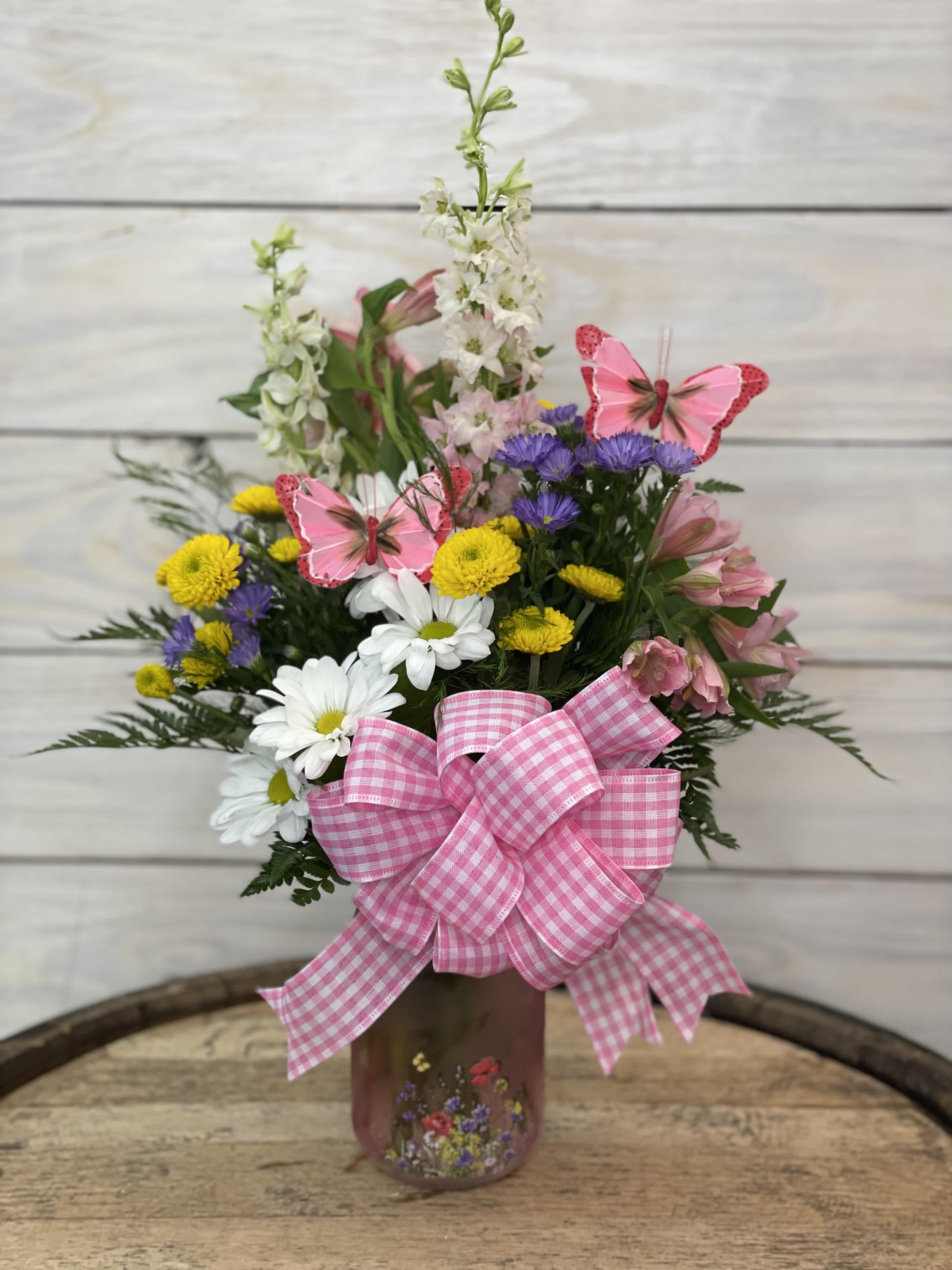 Rosy Picnics - A floral mason jar filled with fresh, spring blossoms