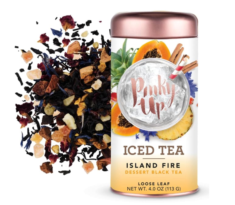 ISLAND FIRE LOOSE LEAF ICED TEA - When summer comes knocking, kick back in a personal oasis with Island Fire Loose Leaf Iced Tea. Luscious notes of papaya and pineapple mingle with a feisty hint of spice.  Naturally low in calories Contains 40-60 mg. caffeine per serving Premium whole leaf black tea 25 servings per container Serving size is 8 fl. oz. Ingredients: black tea, papaya, pineapple, orange peel, cinnamon, apple, rosehips, rose petals, cornflower petals, cranberry, and natural flavoring  We sell our teas by weight and not volume to ensure you are getting the same amount every time. Due to the complexity of our delicious tea blends, the physical fill level in the tins may vary.
