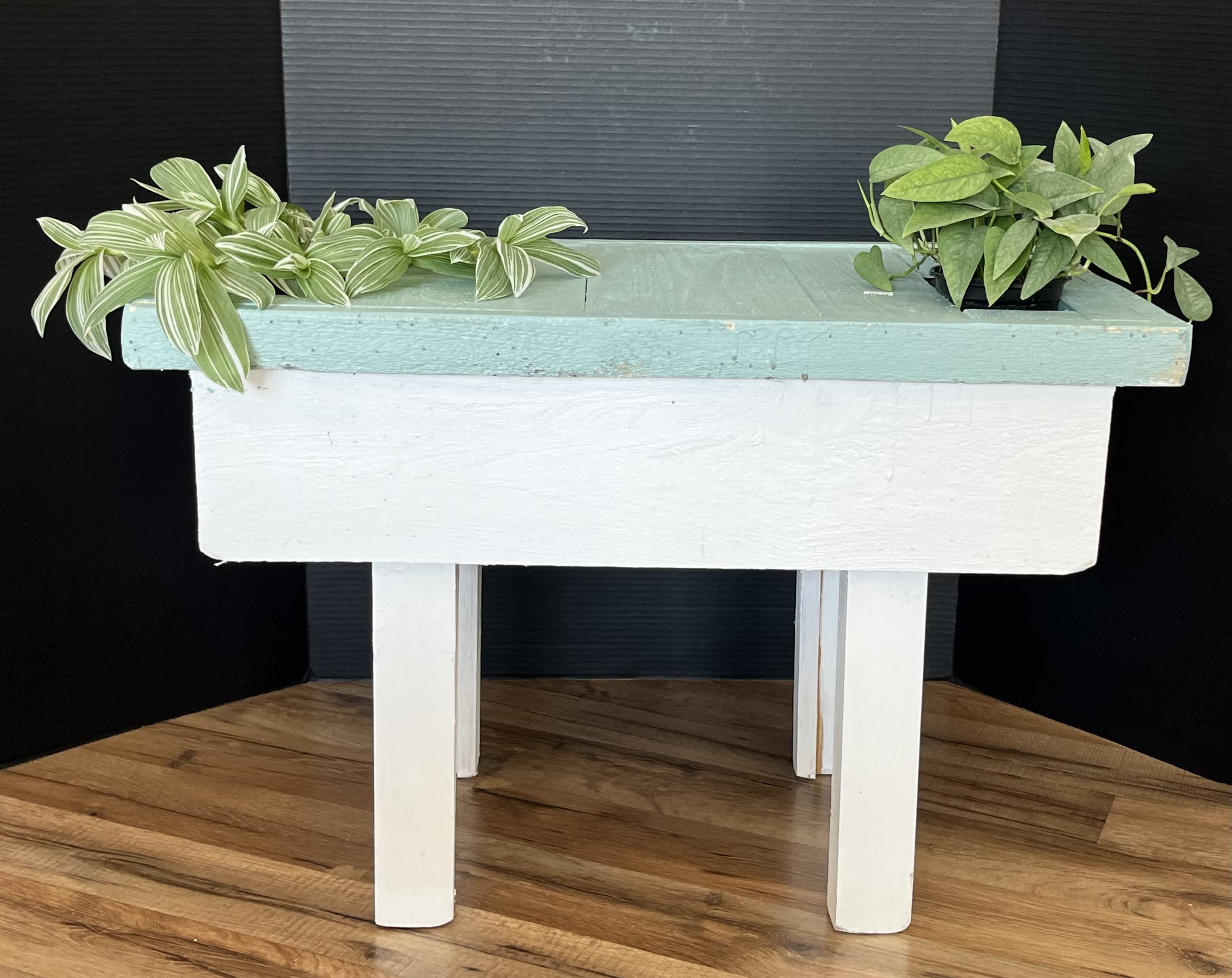 Custom Bench with Flower Planter Pockets - These benches are custom made from recycled material, so each one is unique! Dimensions: 18&quot; tall and 26&quot; wide.