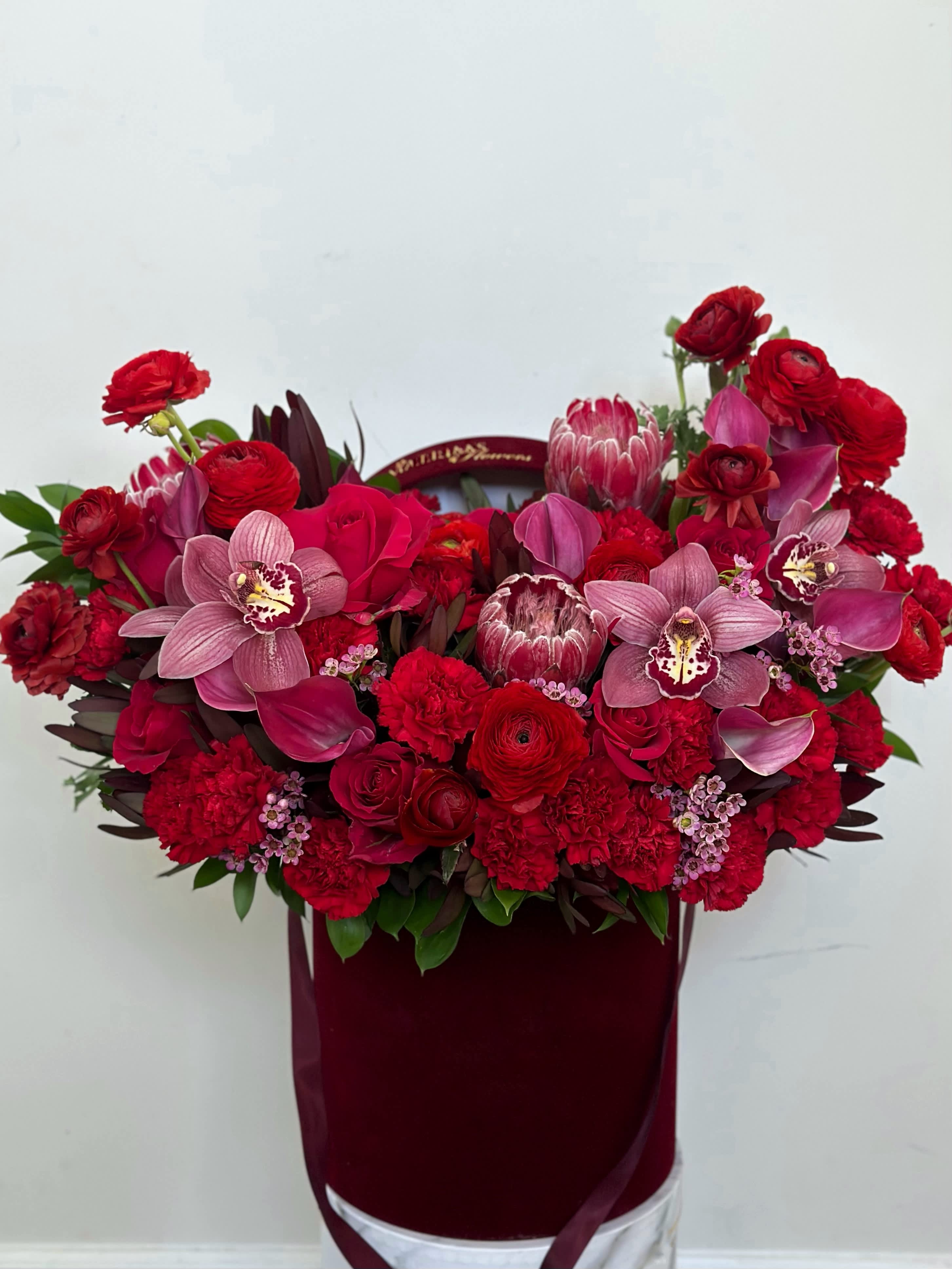 Floral Couture Protea Floral Couture Protea - In an exquisite burgundy box, a rich tapestry of beauty unfolds. Crimson roses, like vibrant bursts of passion, rise above the ensemble with their velvety petals, exuding unparalleled beauty and romance. Proteas, with their majestic forms and stunning blooms, add elegance and refinement to the arrangement. Ranunculuses, unfurling in delicate shades, evoke the essence of a beautiful spring, imbuing warmth and serenity. And at the focal point, the regal and sophisticated cymbidium orchid, with its deep hues, lends an aura of majesty and mystery to the composition. Together, they create an unforgettable tableau, epitomizing sophistication and beauty, enveloping the heart with warmth and captivating the gaze.