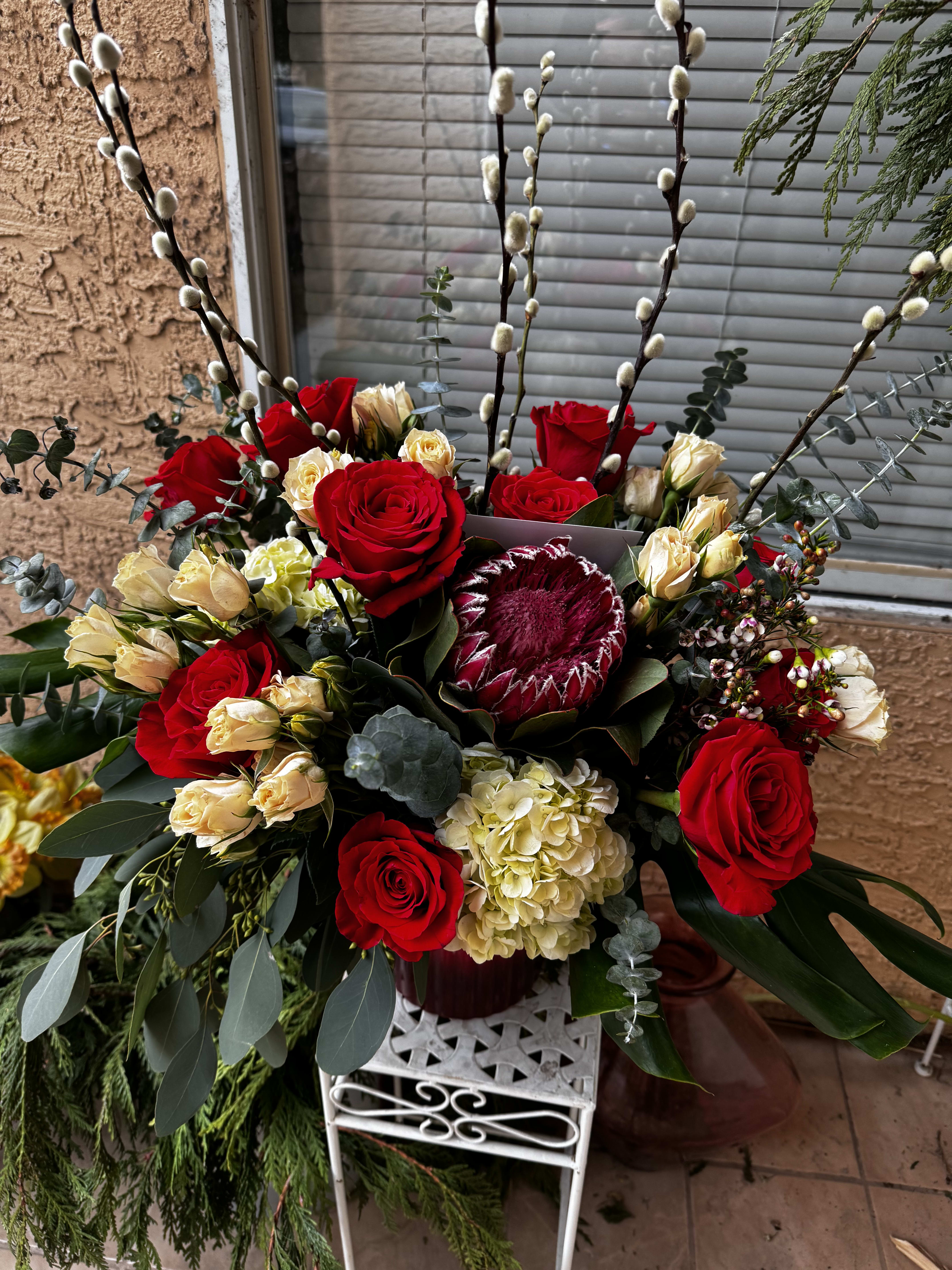 Protea Mix - Large tropical mixed bouquet  Cylinder keepsake box sub out vase for easy transport