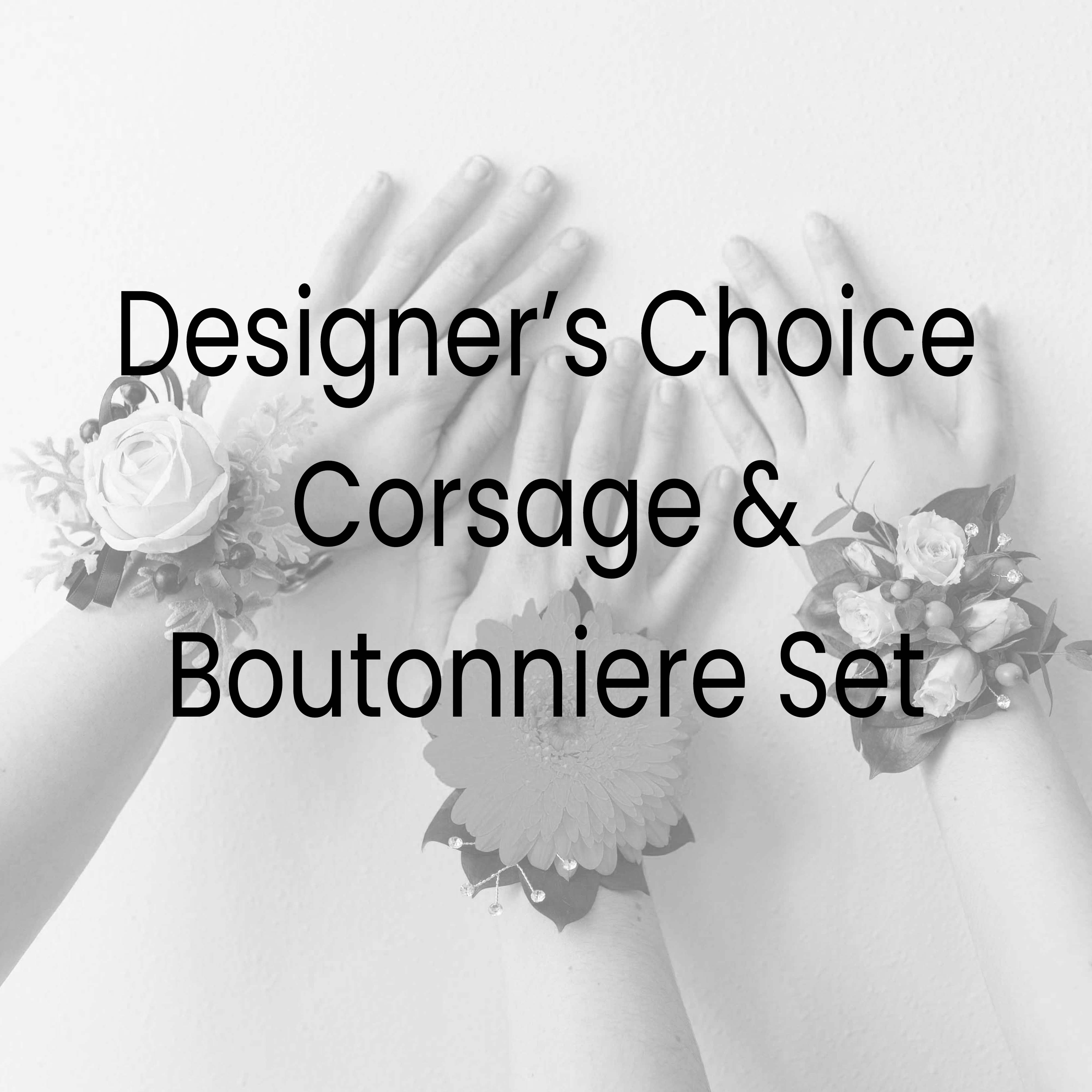 Designer's Choice Corsage and Boutonniere Set Designer's Choice Corsage and Boutonniere Set - Unsure what flowers to choose, or what look you are going for? Leave it up to our designers! Wonderful corsage and boutonniere sets made custom for you! Just leave a few notes on colors, preferences, or words to describe the set you would like us to build for you. Please note your color preferences in the special instructions box when ordering. Want to speak with a designer? Give us a call. 507-508-1095 Want to add some extra flare? Upgrade to our deluxe or premium options.