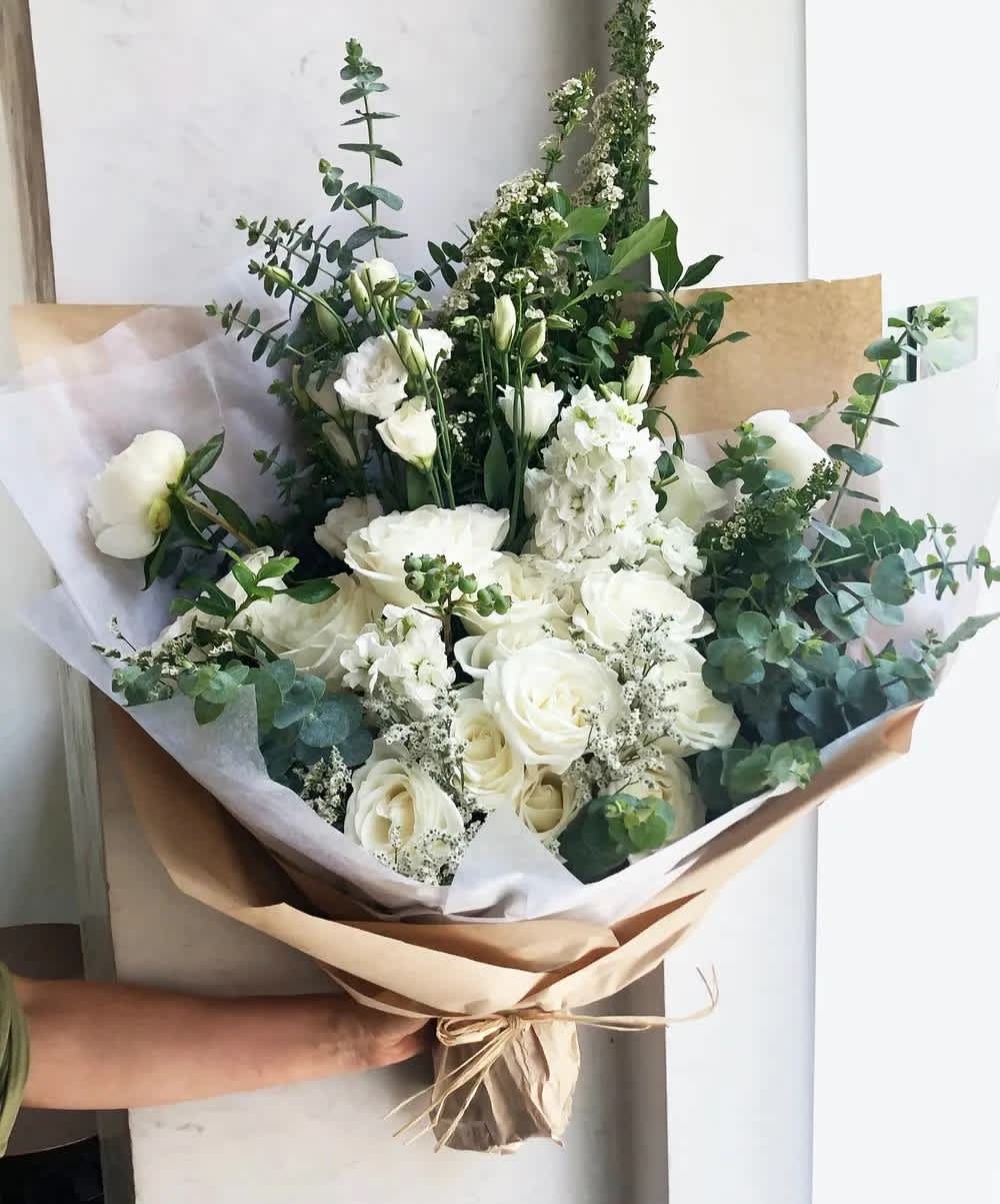 Lovely Gesture - Wrap - A beautiful all-white wrapped bouquet. Perfect for any occasion!